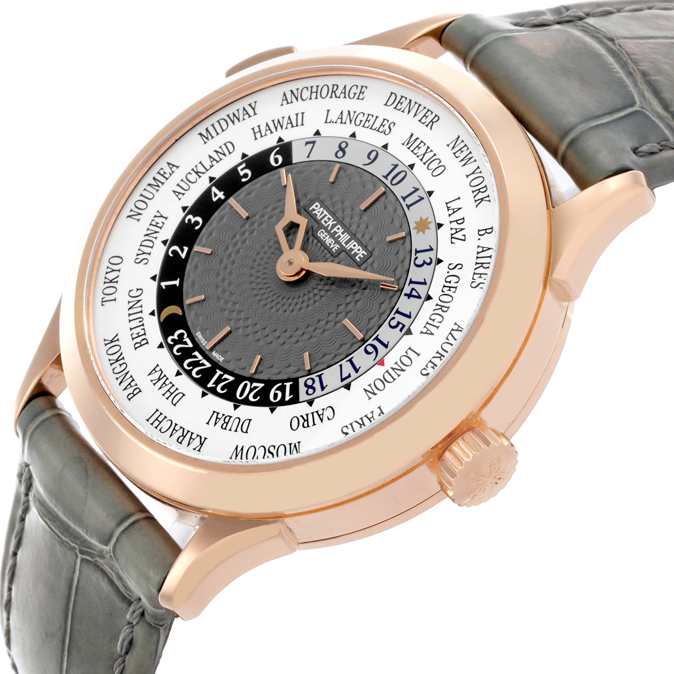 The Patek Philippe Complications 5230R-012 Men's Rose Gold Grey Dial 5230R-012 Men's Rose Gold Grey Dial watch is shown at a three-quarter angle, displaying the dial, world time cities, and crown.