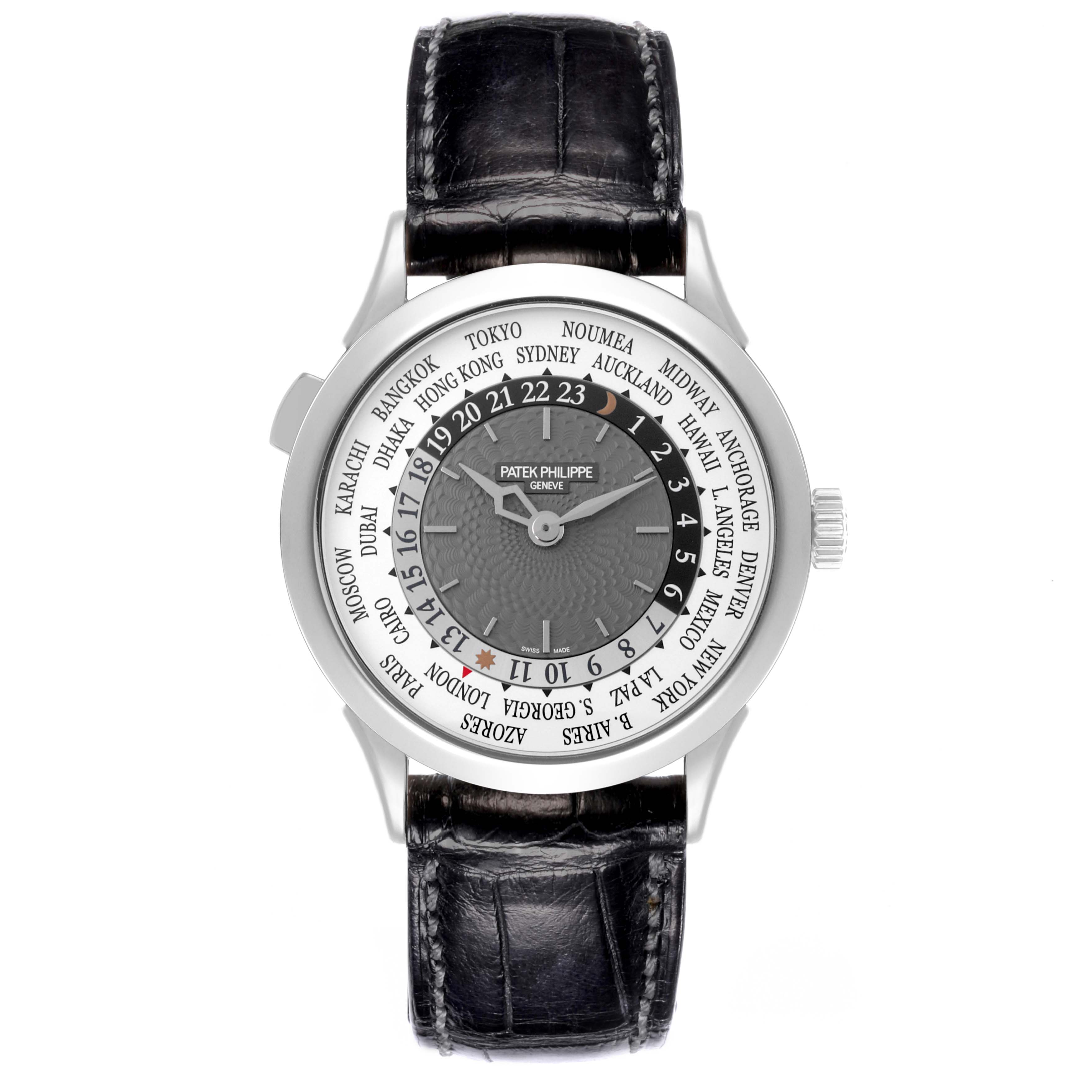 The Patek Philippe Complications 5230G-001 Men's White Gold Grey Dial 5230G-001 Men's White Gold Grey Dial watch is shown from a top-down angle, highlighting its face and black leather strap.
