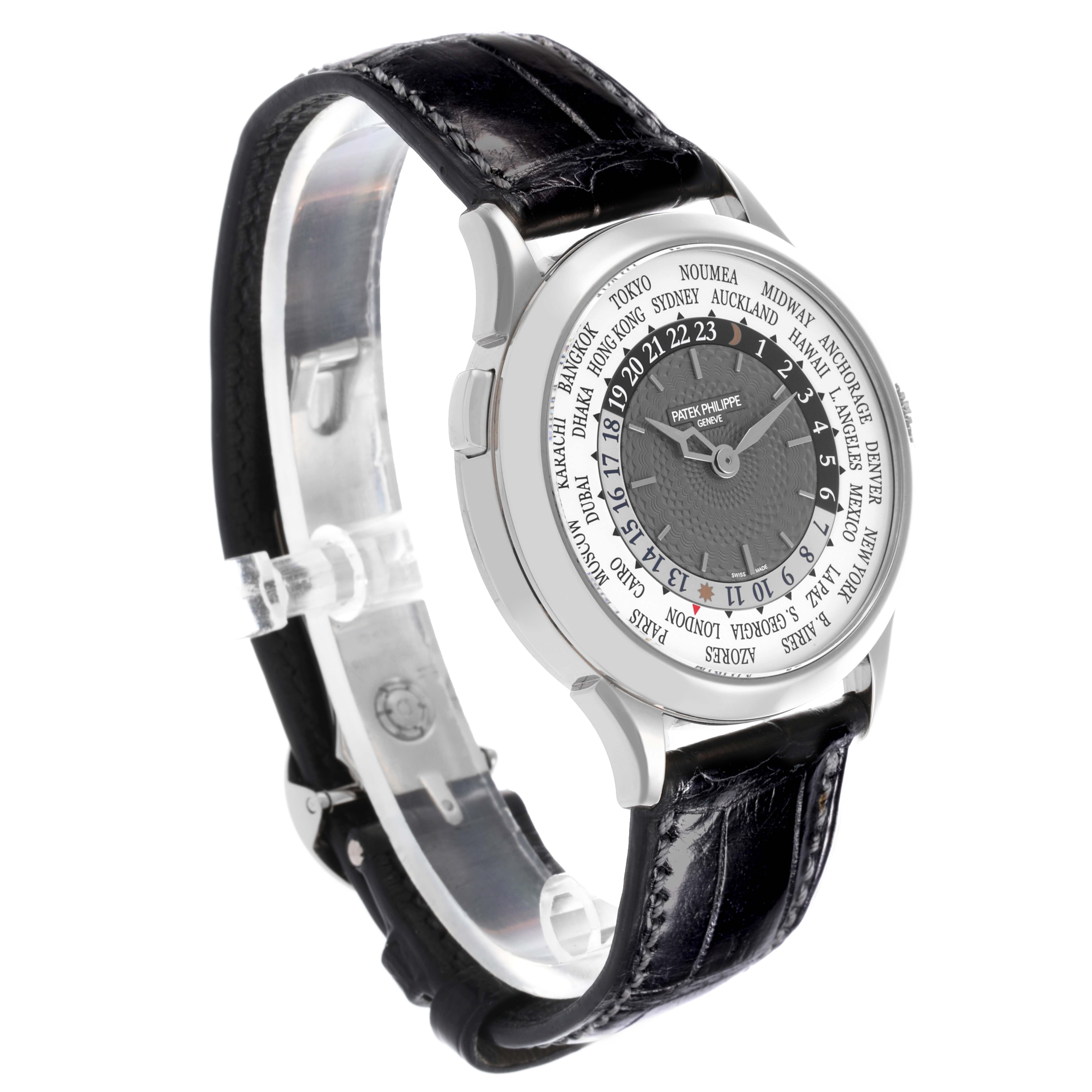 The image shows a side angle of the Patek Philippe Complications 5230G-001 Men's White Gold Grey Dial 5230G-001 Men's White Gold Grey Dial watch, highlighting the face, bezel, and leather strap.