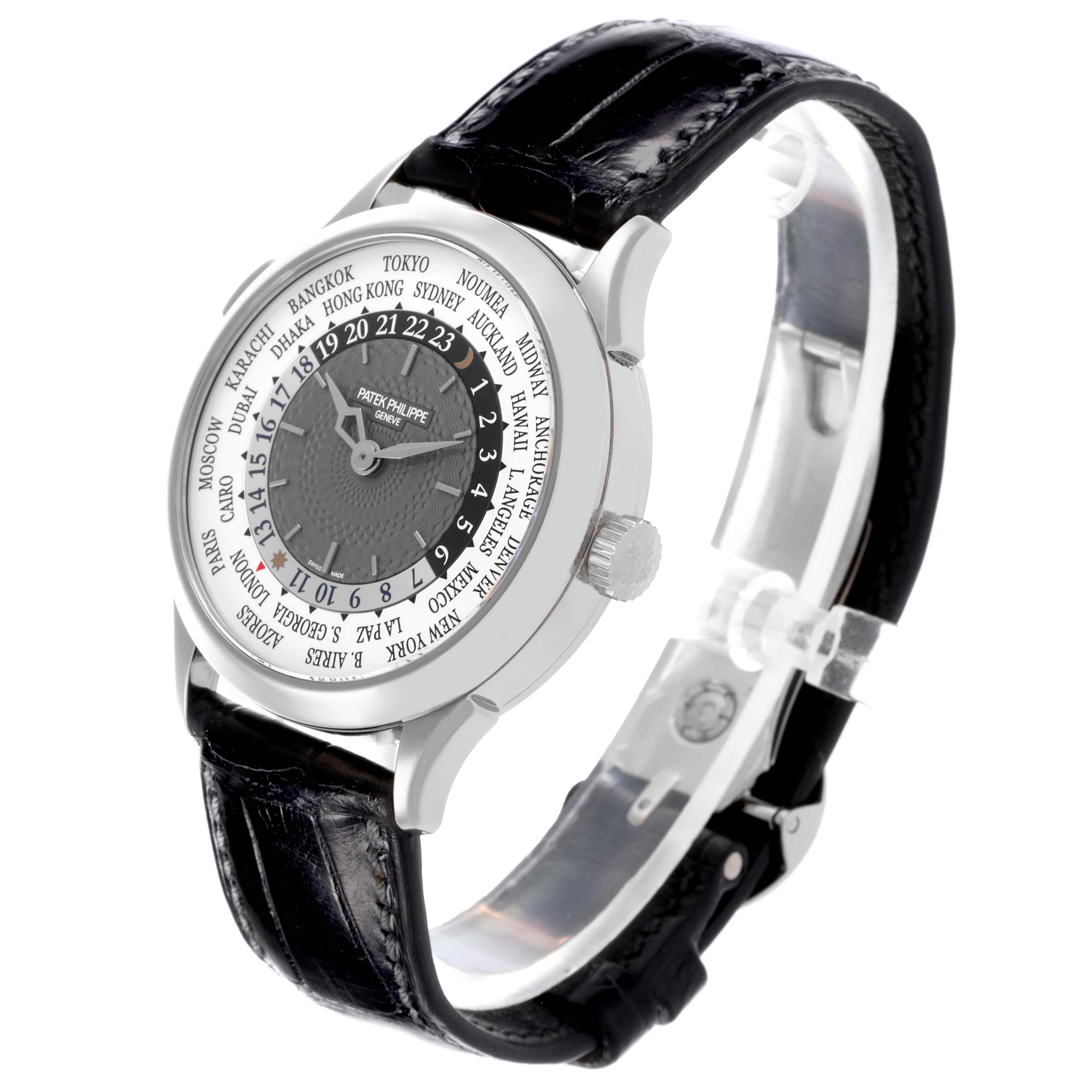 The Patek Philippe Complications 5230G-001 Men's White Gold Grey Dial 5230G-001 Men's White Gold Grey Dial watch is shown at a slight angle, displaying its face, bezel, crown, and leather strap.