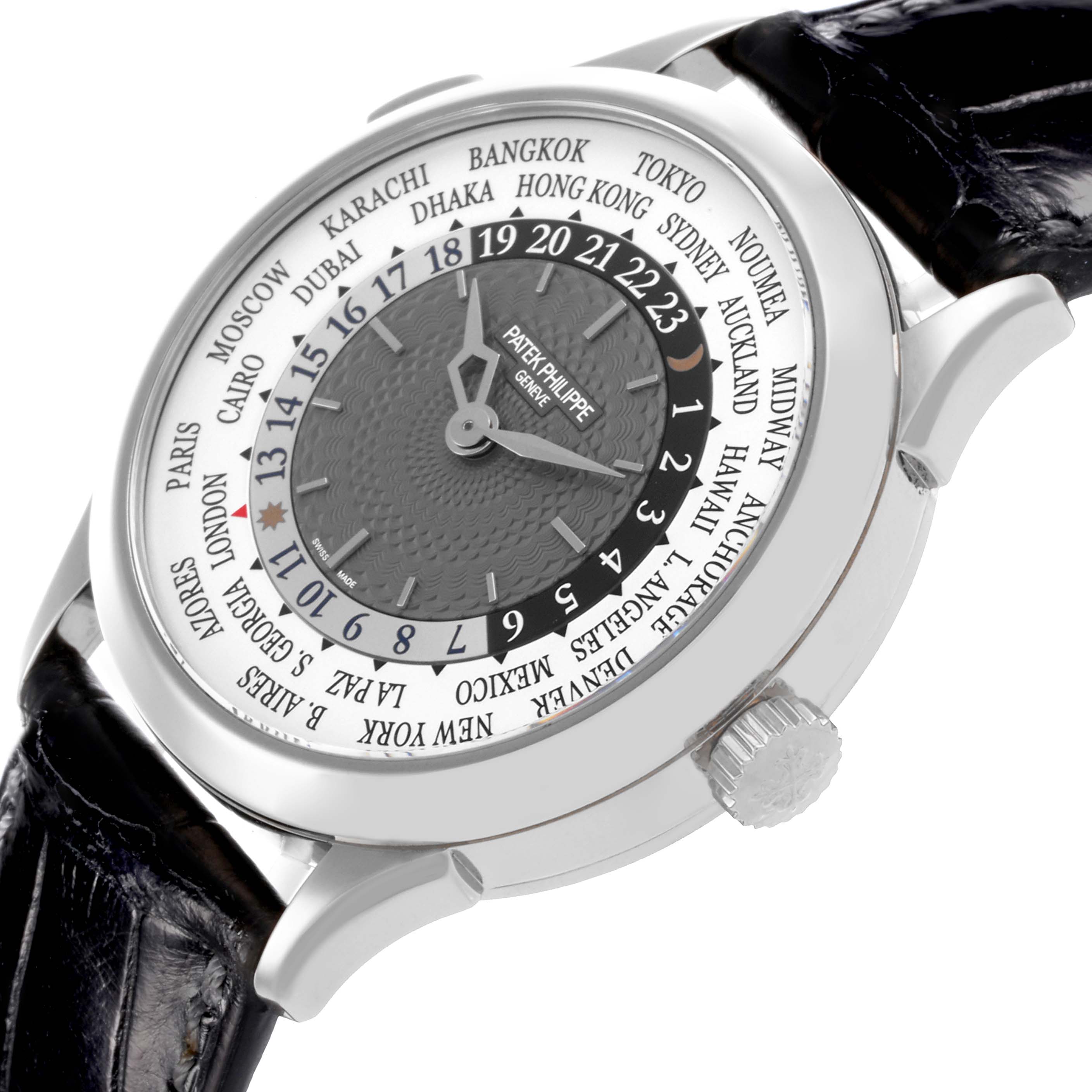 The Patek Philippe Complications 5230G-001 Men's White Gold Grey Dial 5230G-001 Men's White Gold Grey Dial watch is shown at a slight side angle, highlighting the dial, city ring, and case crown.