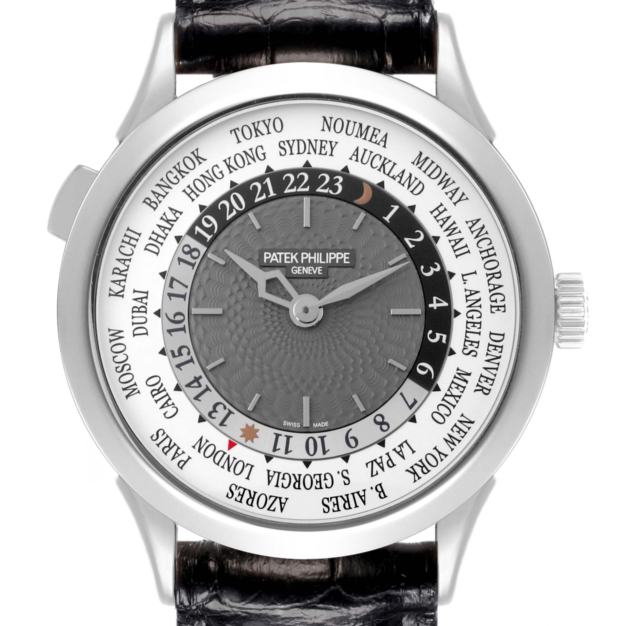 The Patek Philippe Complications 5230G-001 Men's White Gold Grey Dial 5230G-001 Men's White Gold Grey Dial watch is shown from a front angle, displaying its world time dial and hands.