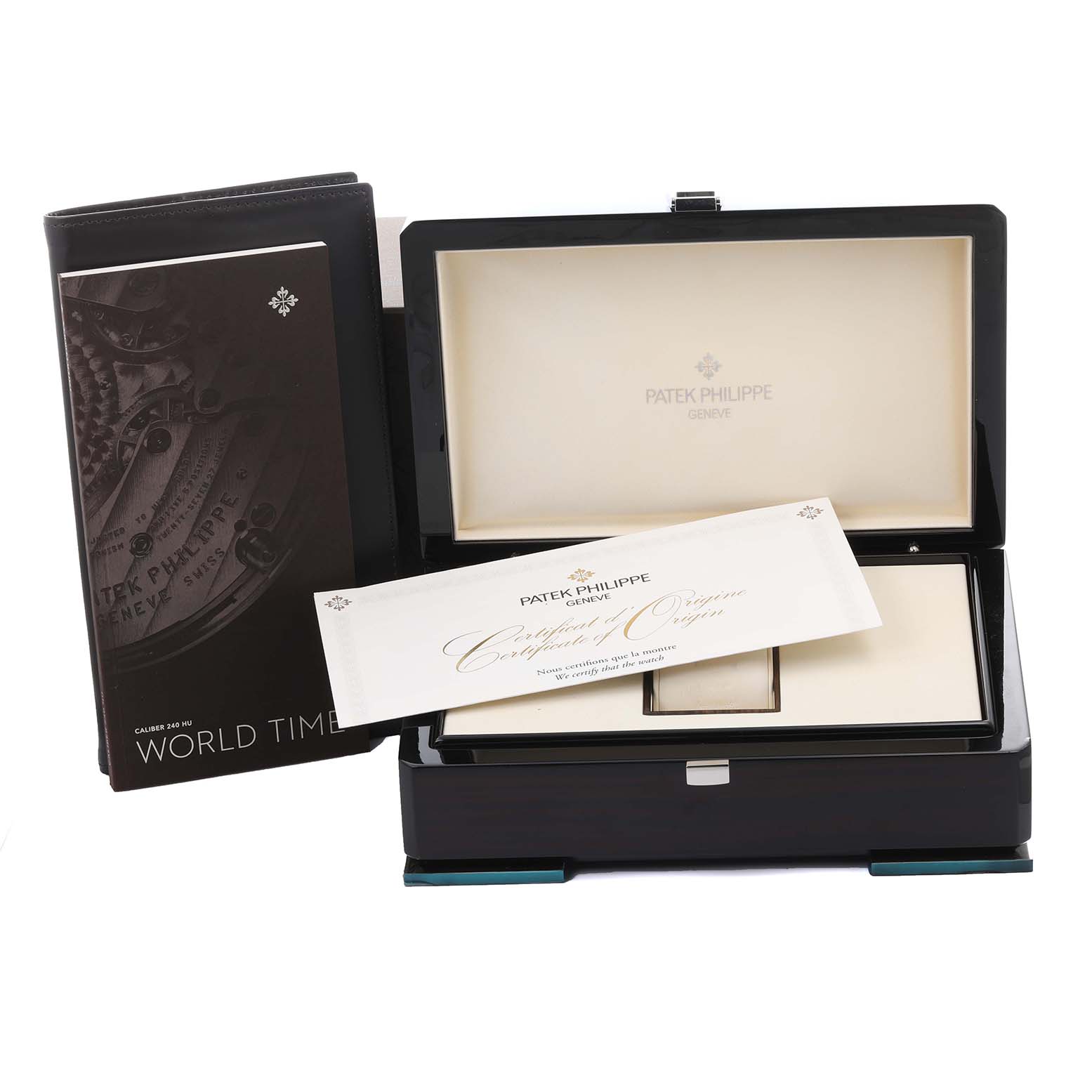 The image shows a Patek Philippe Complications 5230G-001 Men's White Gold Grey Dial 5230G-001 Men's White Gold Grey Dial watch box, certificate, and booklet from an overhead angle.