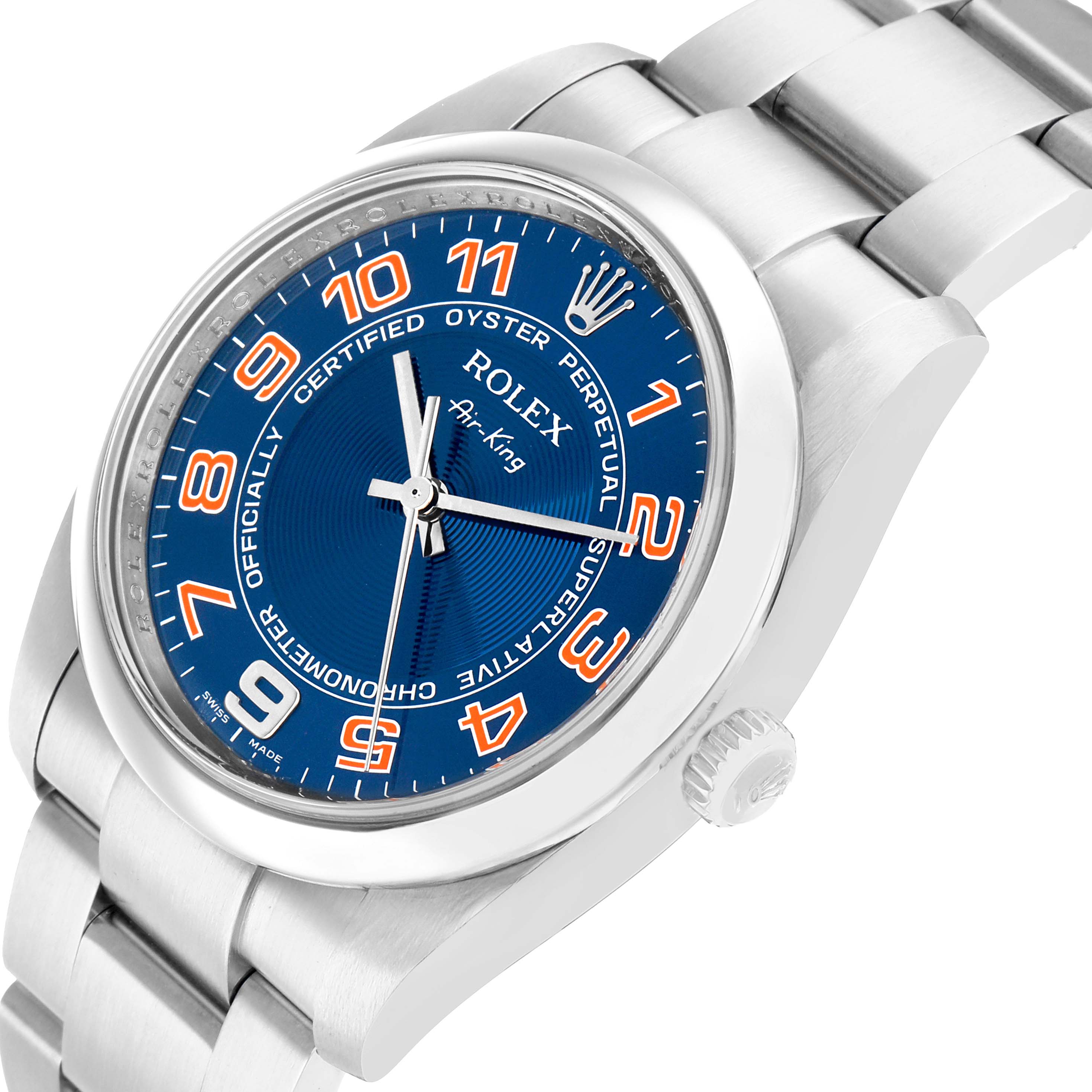 The Rolex Air-King 114200 Men
s Stainless Steel Blue Dial watch is shown from an angled side view, highlighting the dial, bezel, and bracelet.