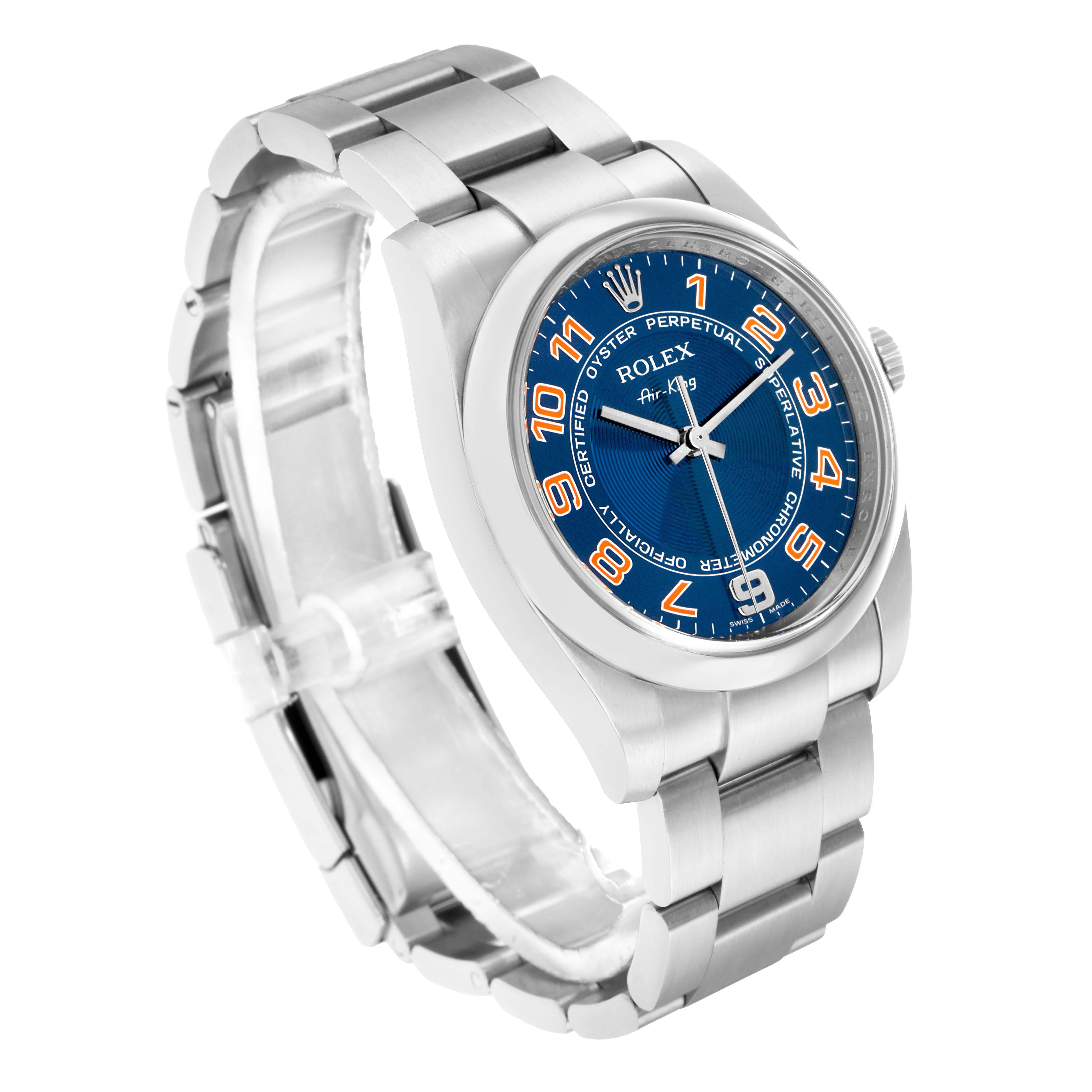 The Rolex Air-King 114200 Men
s Stainless Steel Blue Dial watch is shown at a three-quarter angle, displaying its bracelet, case, and blue dial with orange numbers.