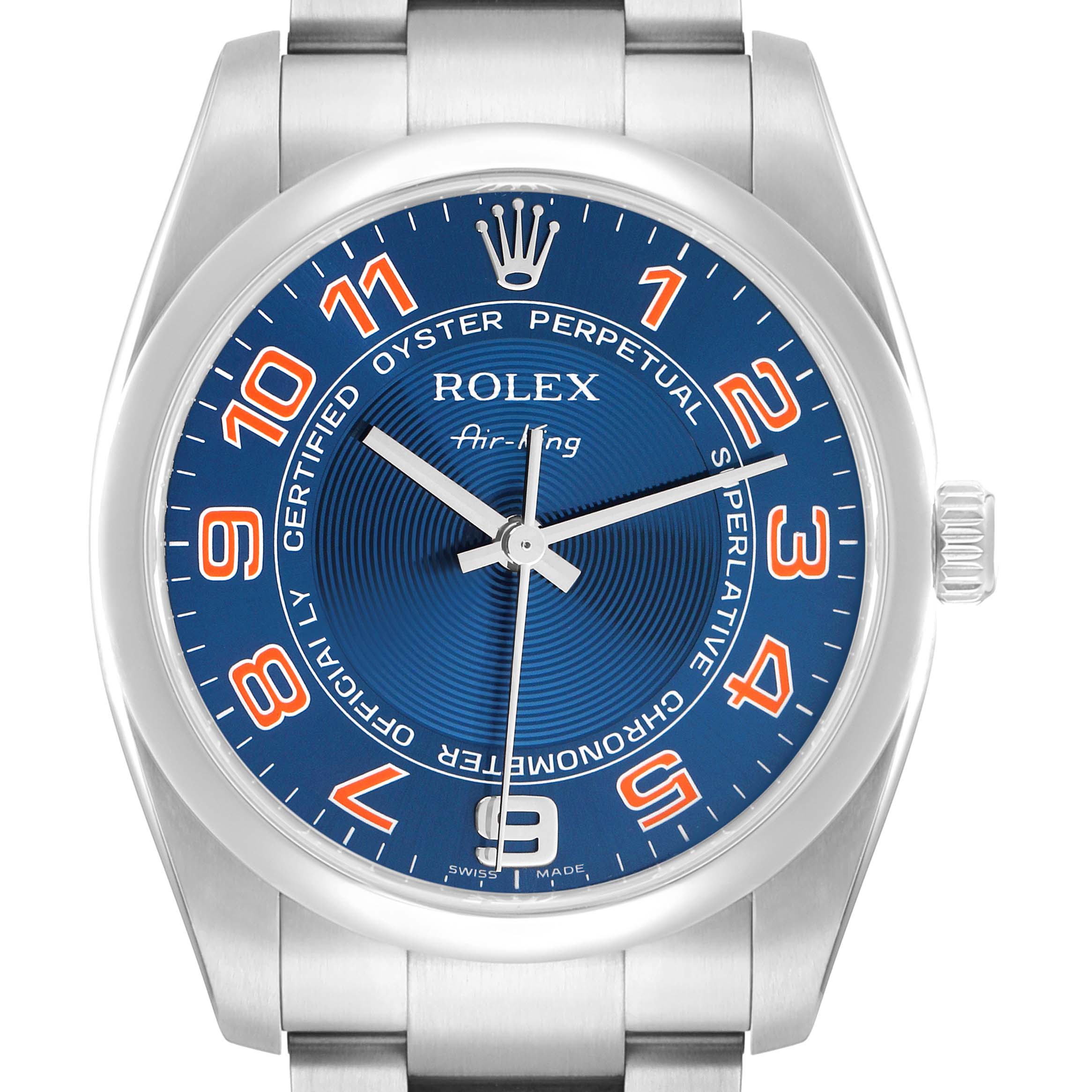 The Rolex Air-King 114200 Men
s Stainless Steel Blue Dial watch is shown from a front angle, highlighting its blue dial, crown, and stainless steel bracelet.
