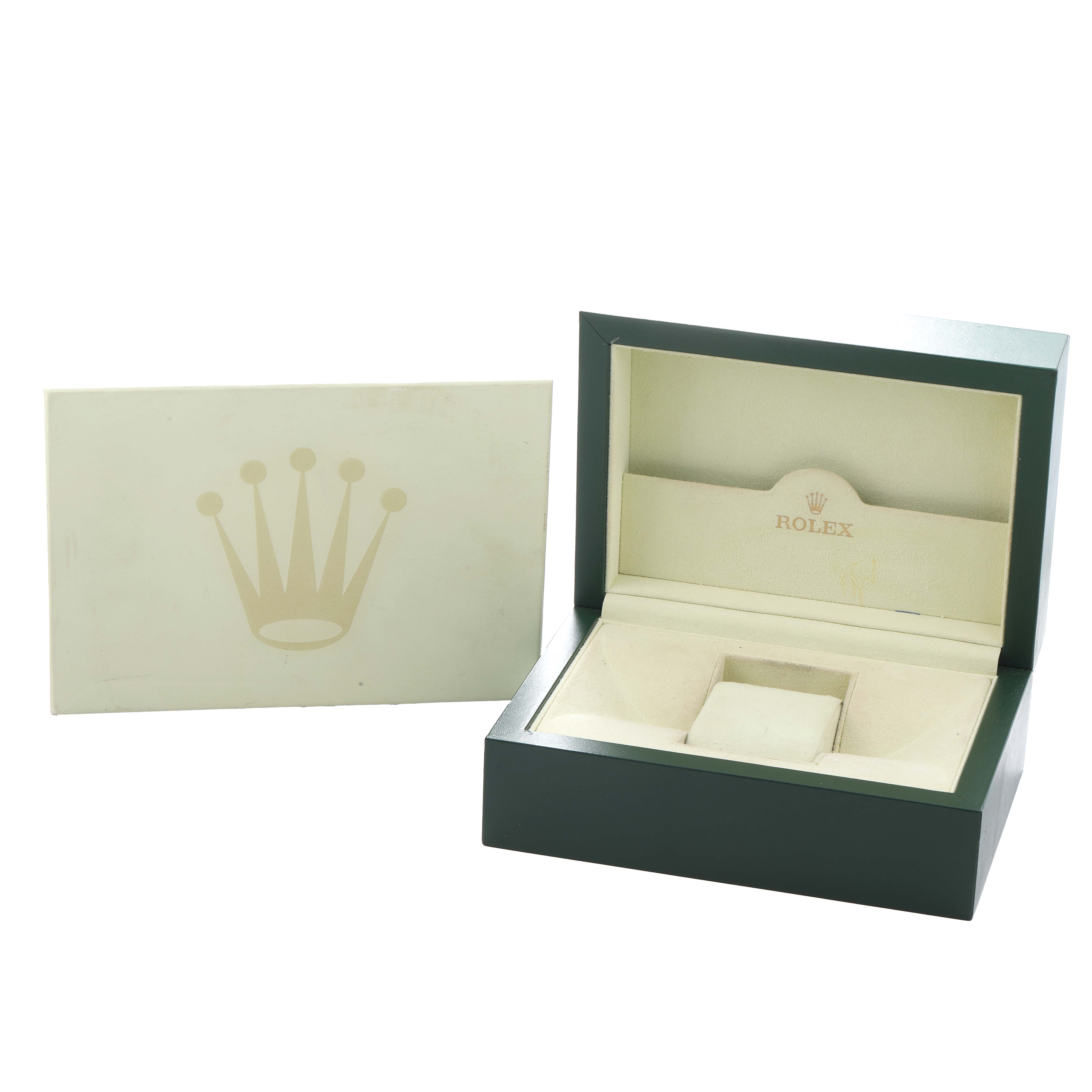 The image shows the open presentation box for a Rolex Air-King 114200 Men
s Stainless Steel Blue Dial, angled to display the interior and the detached outer box lid.