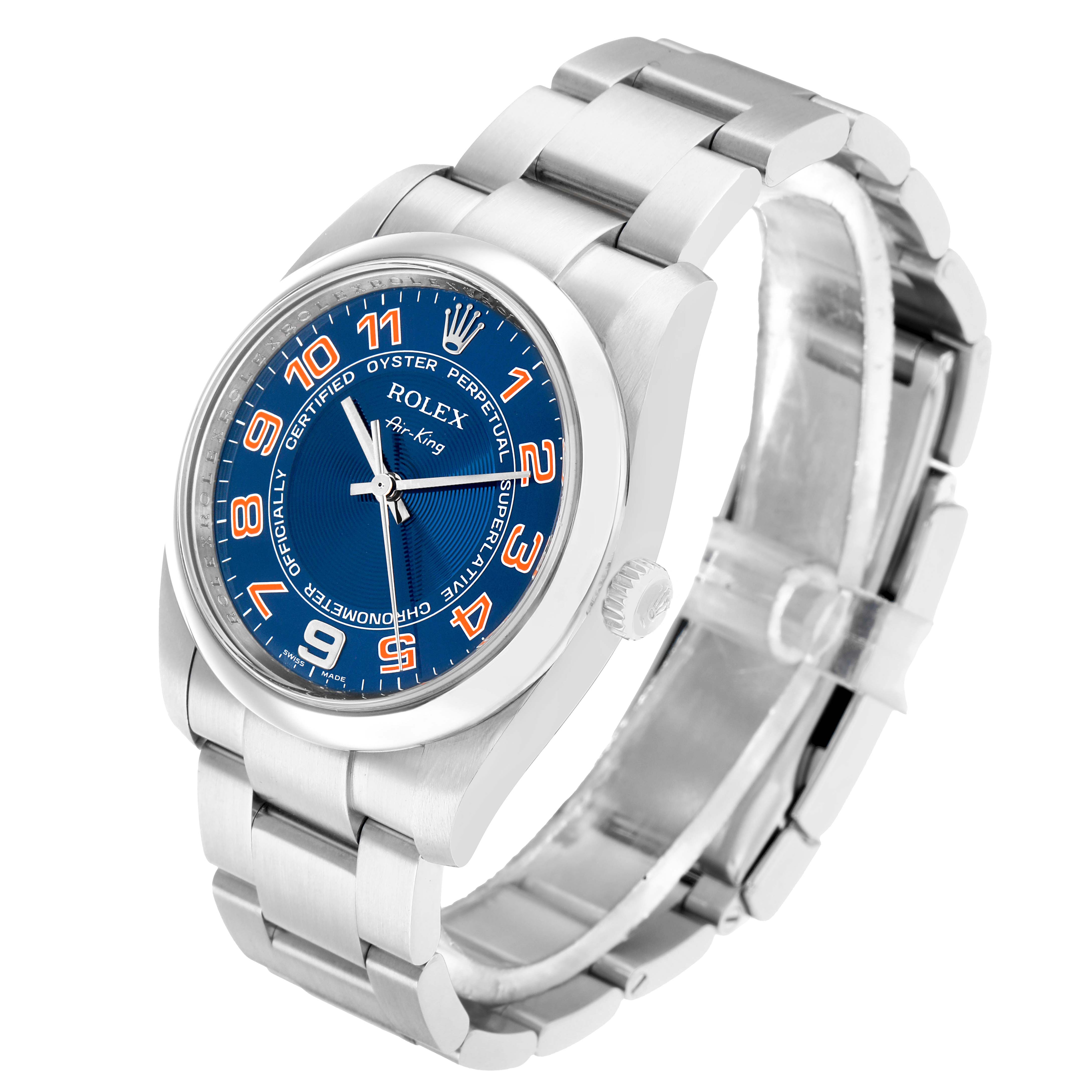 The Rolex Air-King 114200 Men
s Stainless Steel Blue Dial watch is shown at a three-quarter angle, displaying the dial, crown, and bracelet.