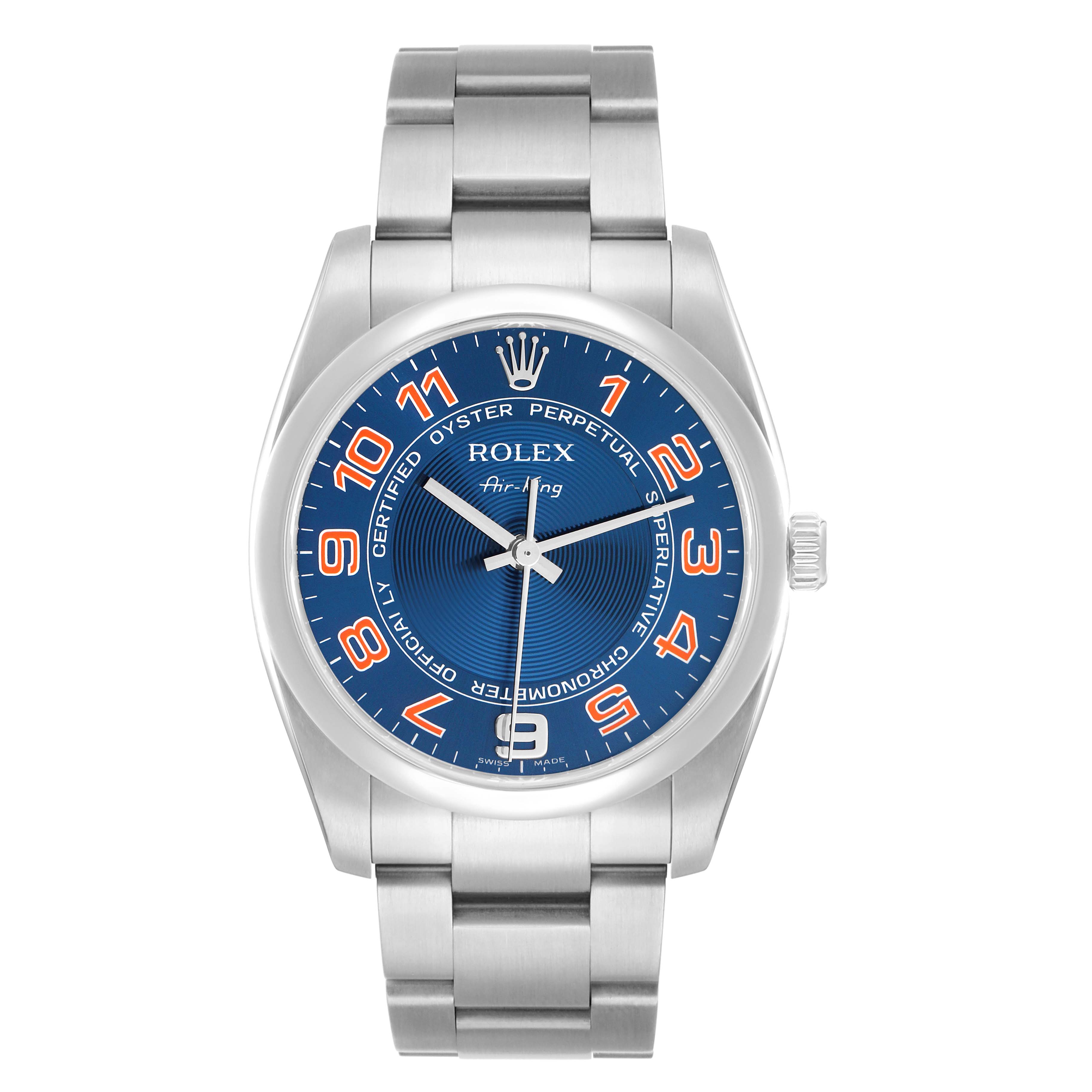 This image shows a front view of the Rolex Air-King 114200 Men
s Stainless Steel Blue Dial, highlighting the dial, crown, and bracelet.