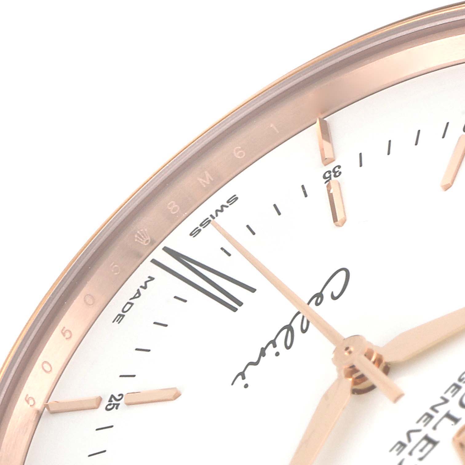 The image shows a close-up of the dial and hands of a Rolex Cellini 50505 Men's Rose Gold White Dial 50505 Men's Rose Gold White Dial watch, highlighting the brand name and "Swiss Made" text.