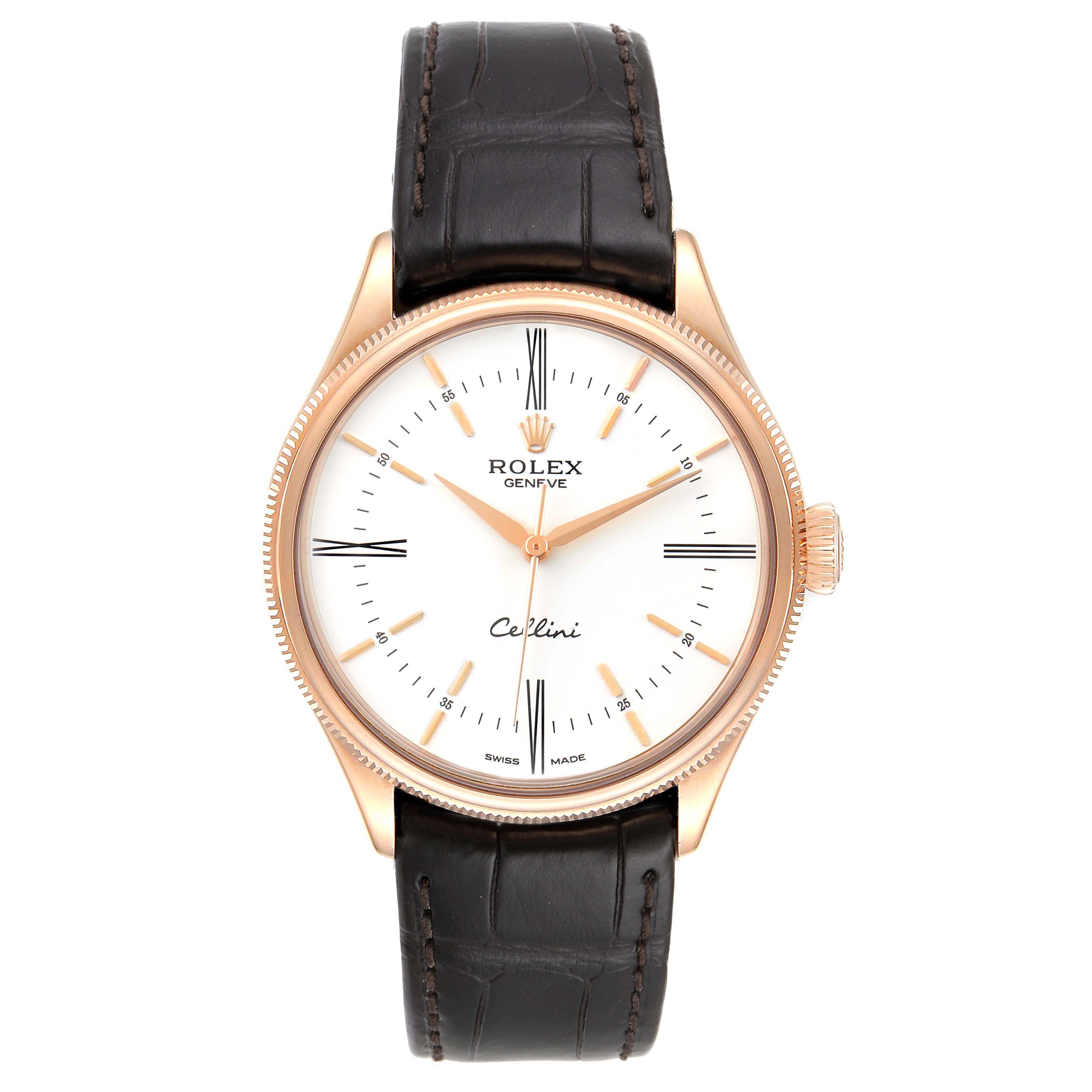 The image shows a front view of a Rolex Cellini 50505 Men's Rose Gold White Dial 50505 Men's Rose Gold White Dial watch, displaying its face, bezel, crown, and leather strap.