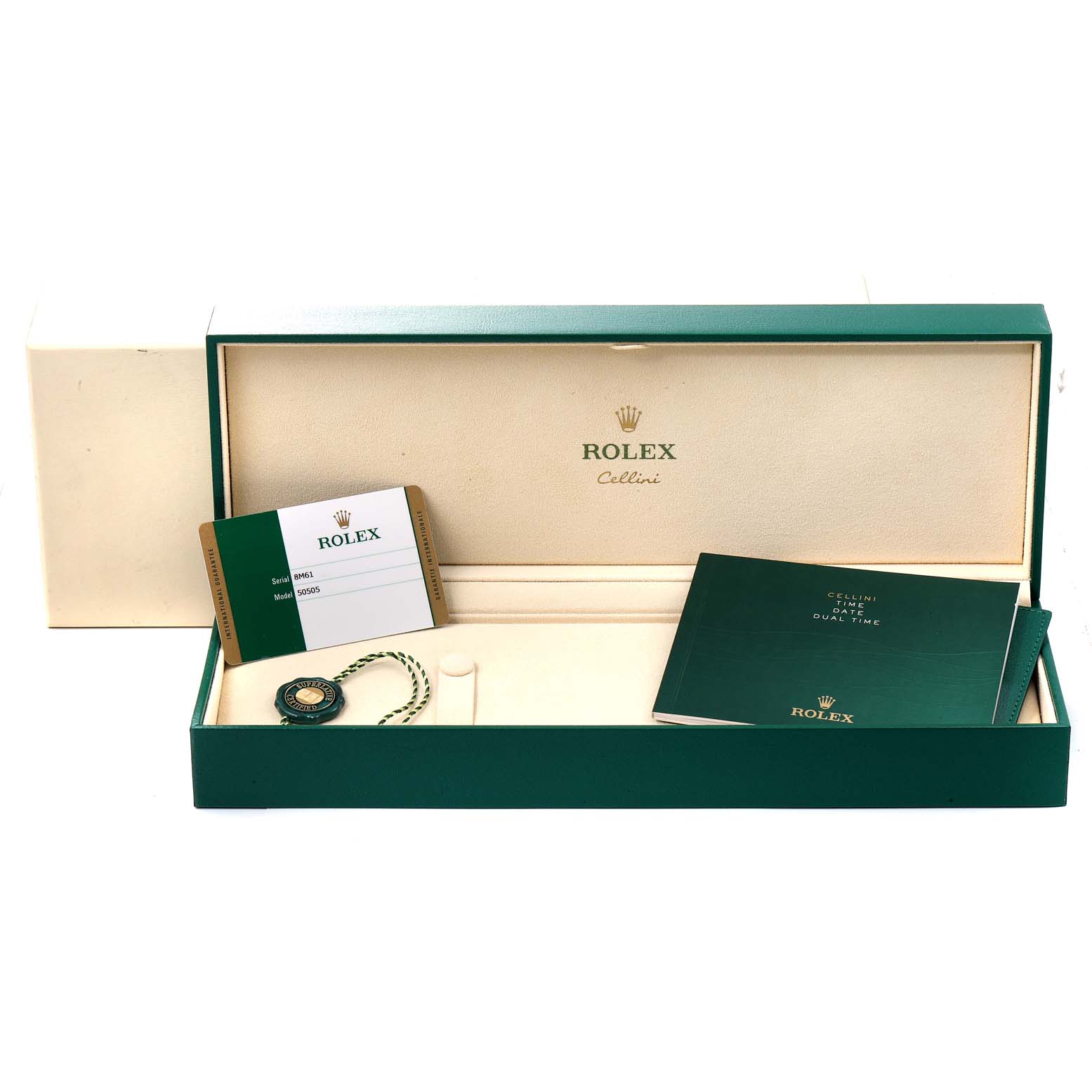 The image shows an open Rolex Cellini 50505 Men's Rose Gold White Dial 50505 Men's Rose Gold White Dial watch box with manuals, a warranty card, and a tag inside.