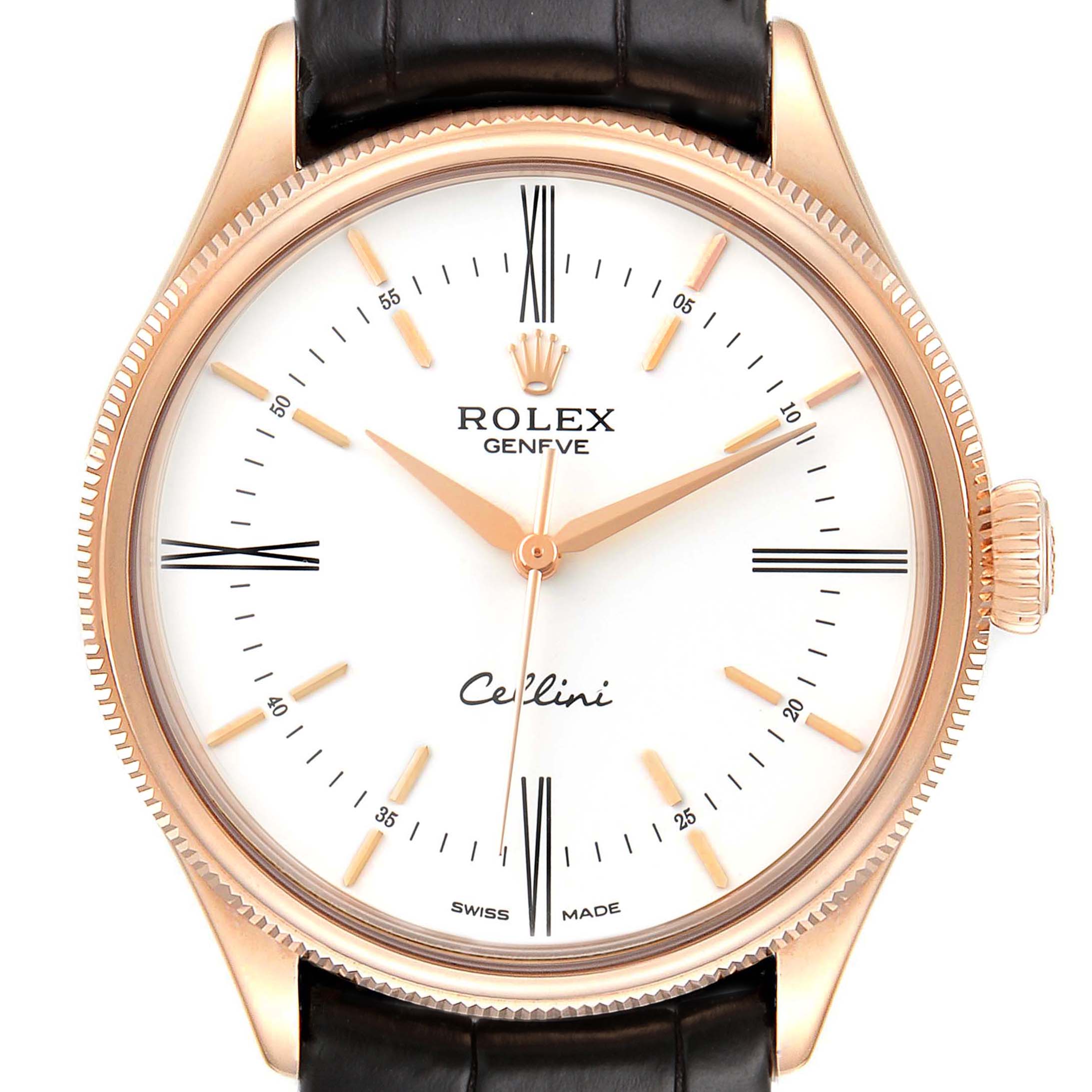 The image shows a frontal view of a Rolex Cellini 50505 Men's Rose Gold White Dial 50505 Men's Rose Gold White Dial watch, highlighting its face, bezel, crown, and part of its leather strap.