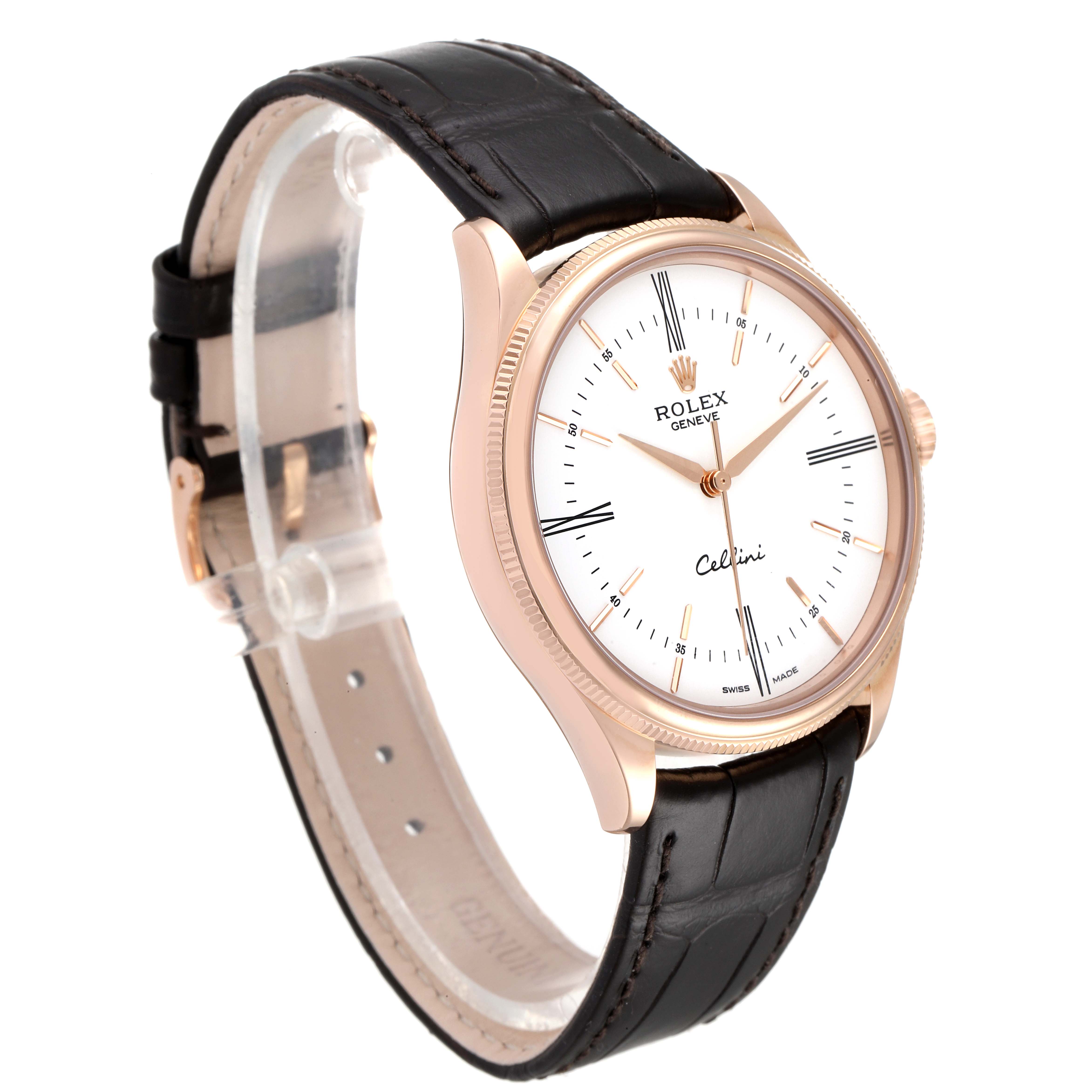 The image shows a side angle view of the Rolex Cellini 50505 Men's Rose Gold White Dial 50505 Men's Rose Gold White Dial watch displaying its white dial, rose gold case, and leather strap.