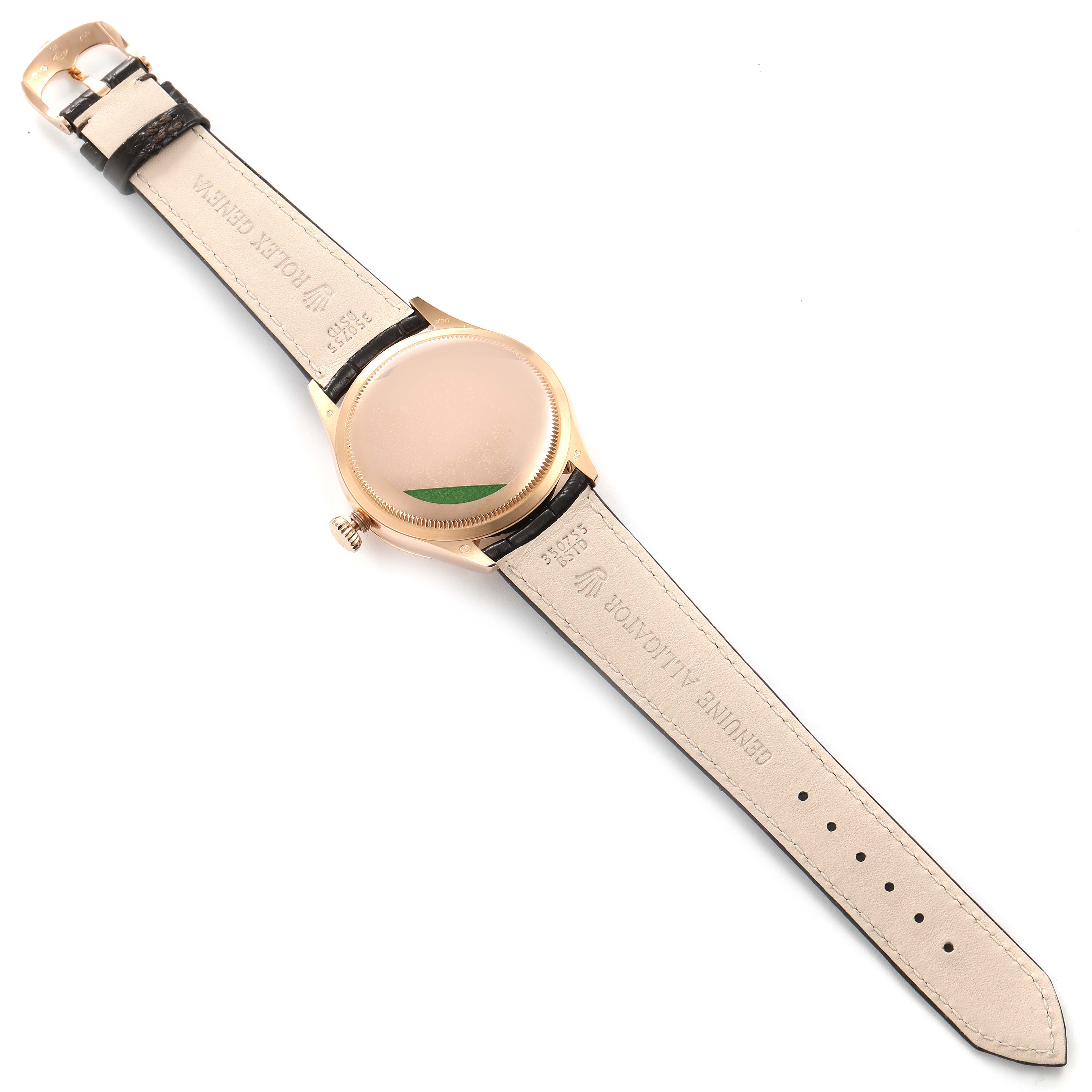 The image shows the back view of a Rolex Cellini 50505 Men's Rose Gold White Dial 50505 Men's Rose Gold White Dial watch, highlighting its leather strap and case back.