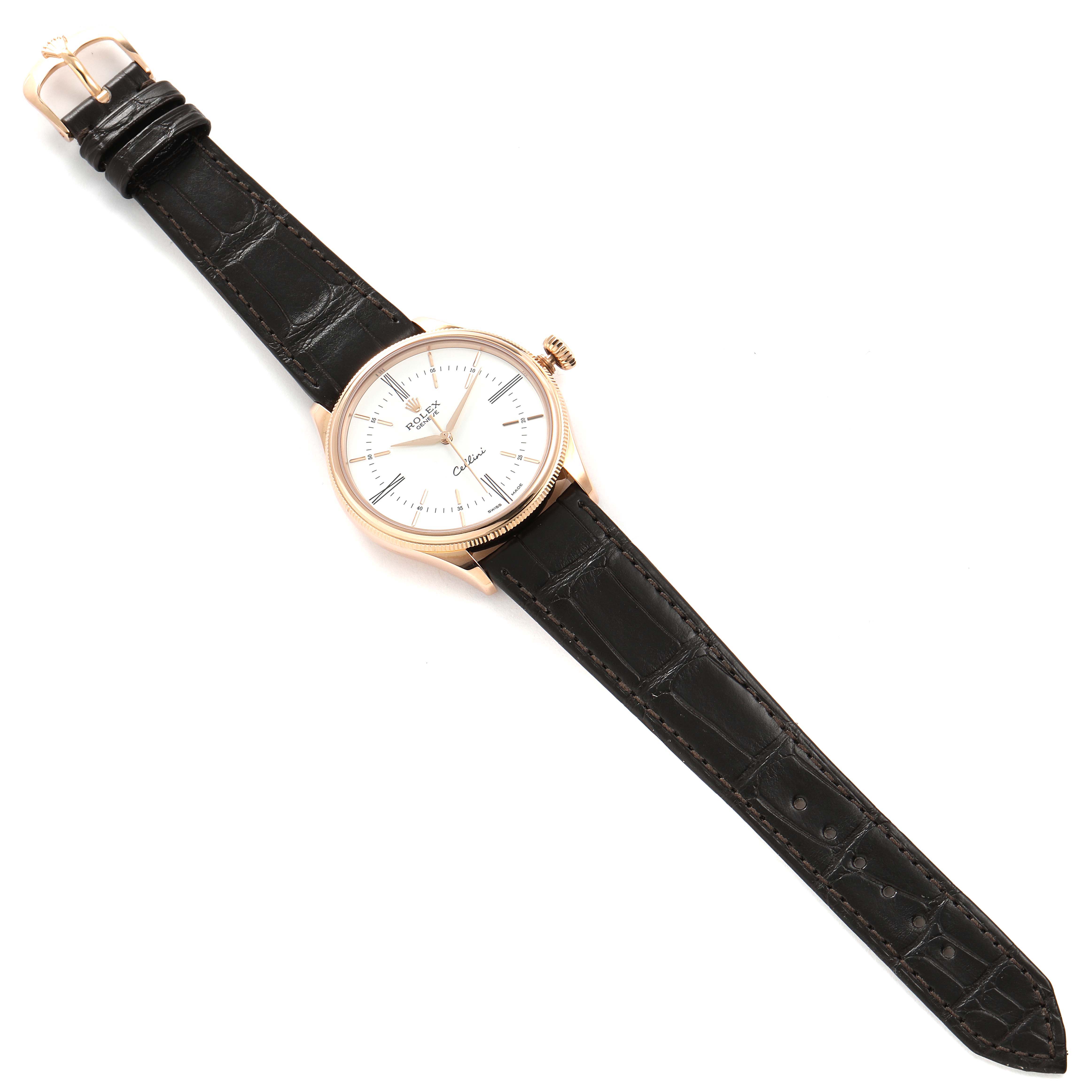 The Rolex Cellini 50505 Men's Rose Gold White Dial 50505 Men's Rose Gold White Dial watch is shown from a top-down angle, featuring its face, strap, and buckle.
