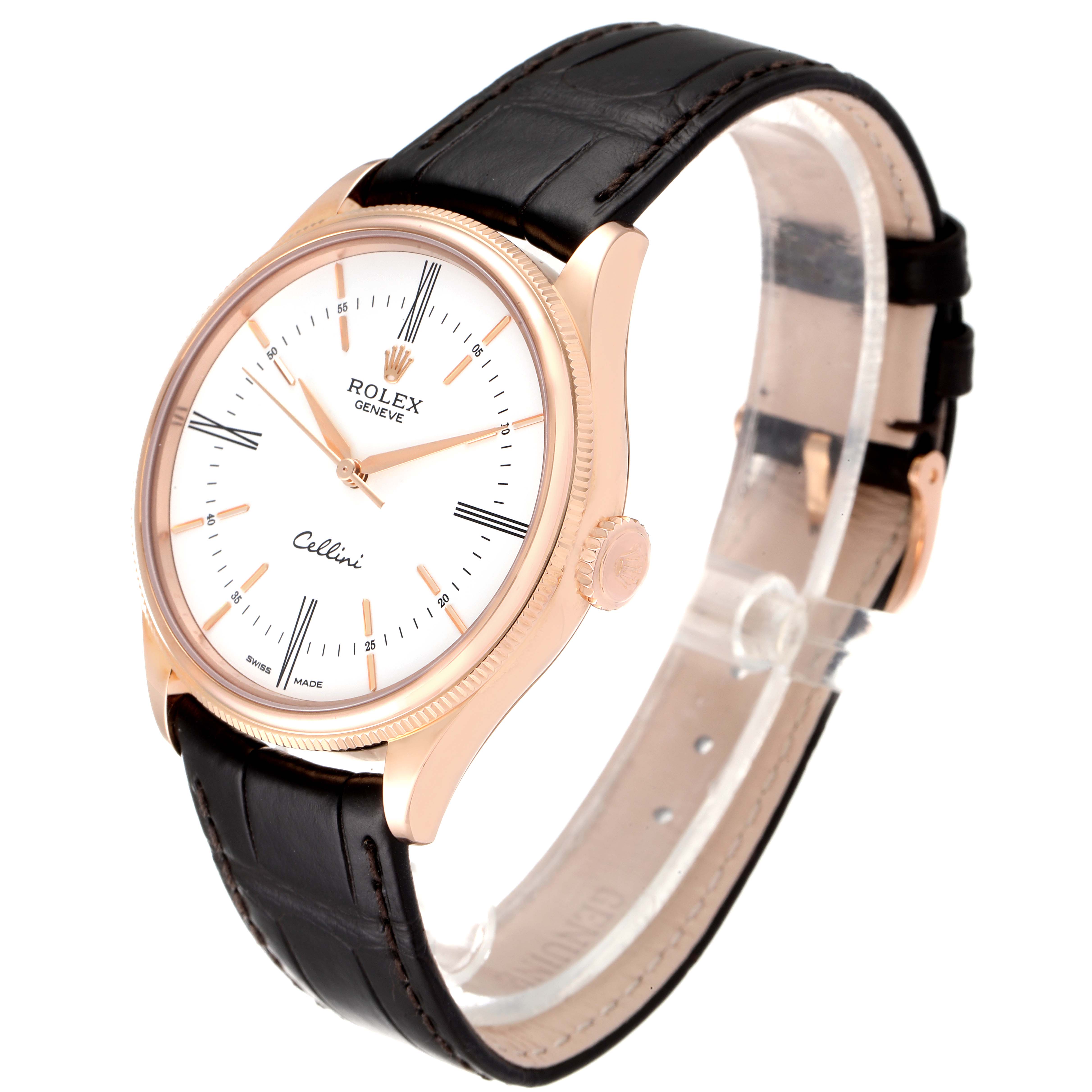 The Rolex Cellini 50505 Men's Rose Gold White Dial 50505 Men's Rose Gold White Dial watch is shown from an angle that highlights the dial, crown, case, and leather strap.