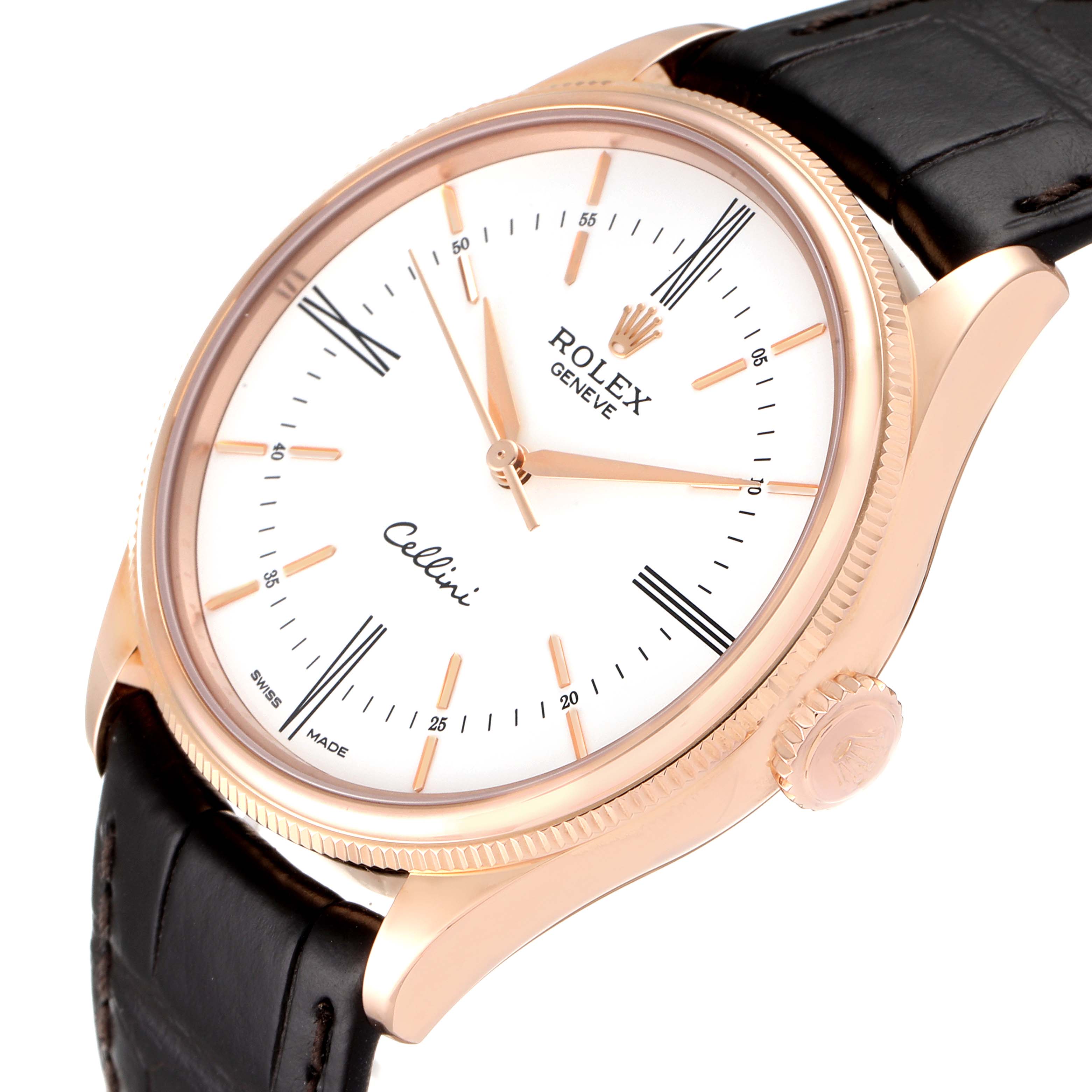 This image shows a Rolex Cellini 50505 Men's Rose Gold White Dial 50505 Men's Rose Gold White Dial watch at an angled side view, highlighting its face, bezel, crown, and part of the black leather strap.