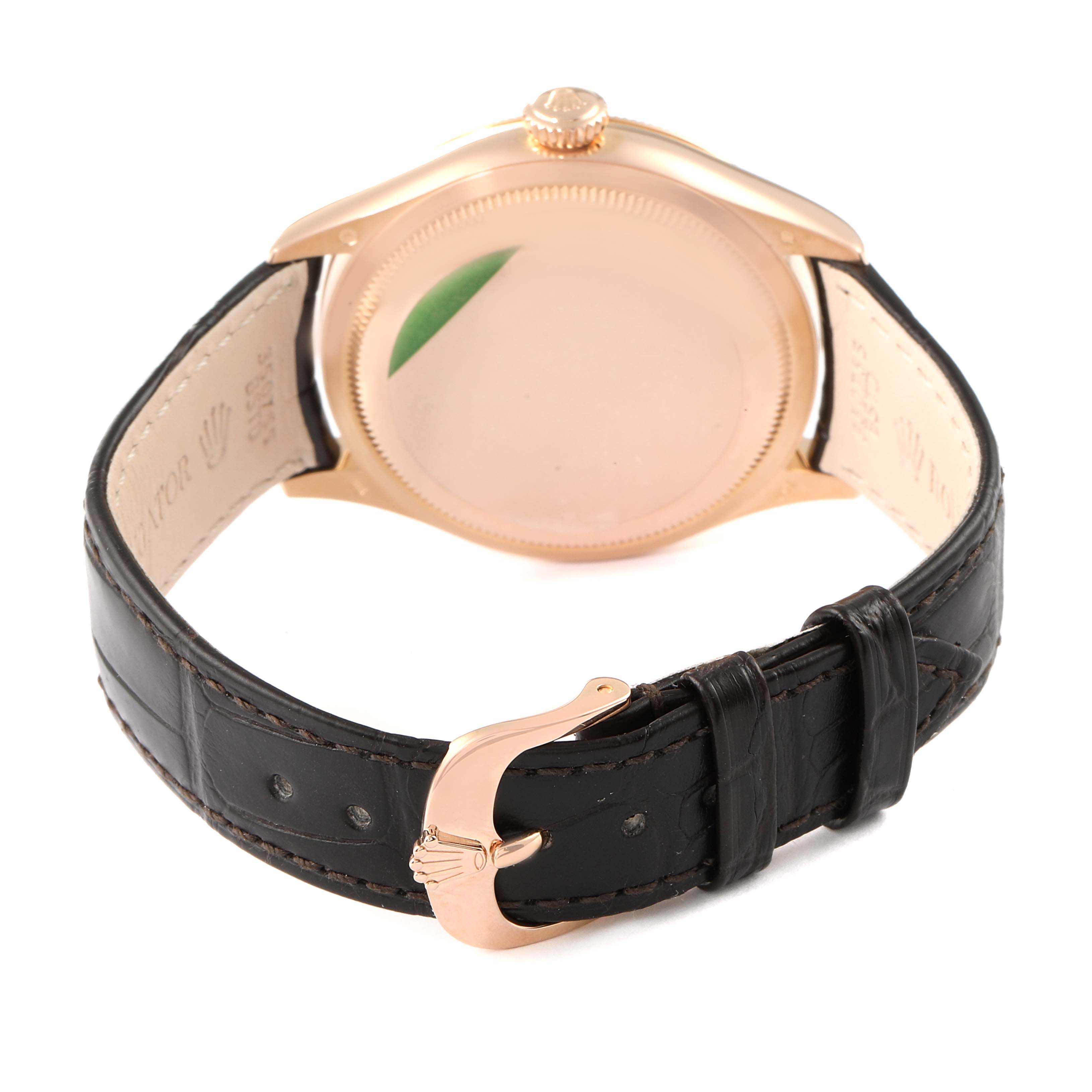 This image shows the back view of a Rolex Cellini 50505 Men's Rose Gold White Dial 50505 Men's Rose Gold White Dial watch, including the caseback, crown, and leather strap with its buckle.