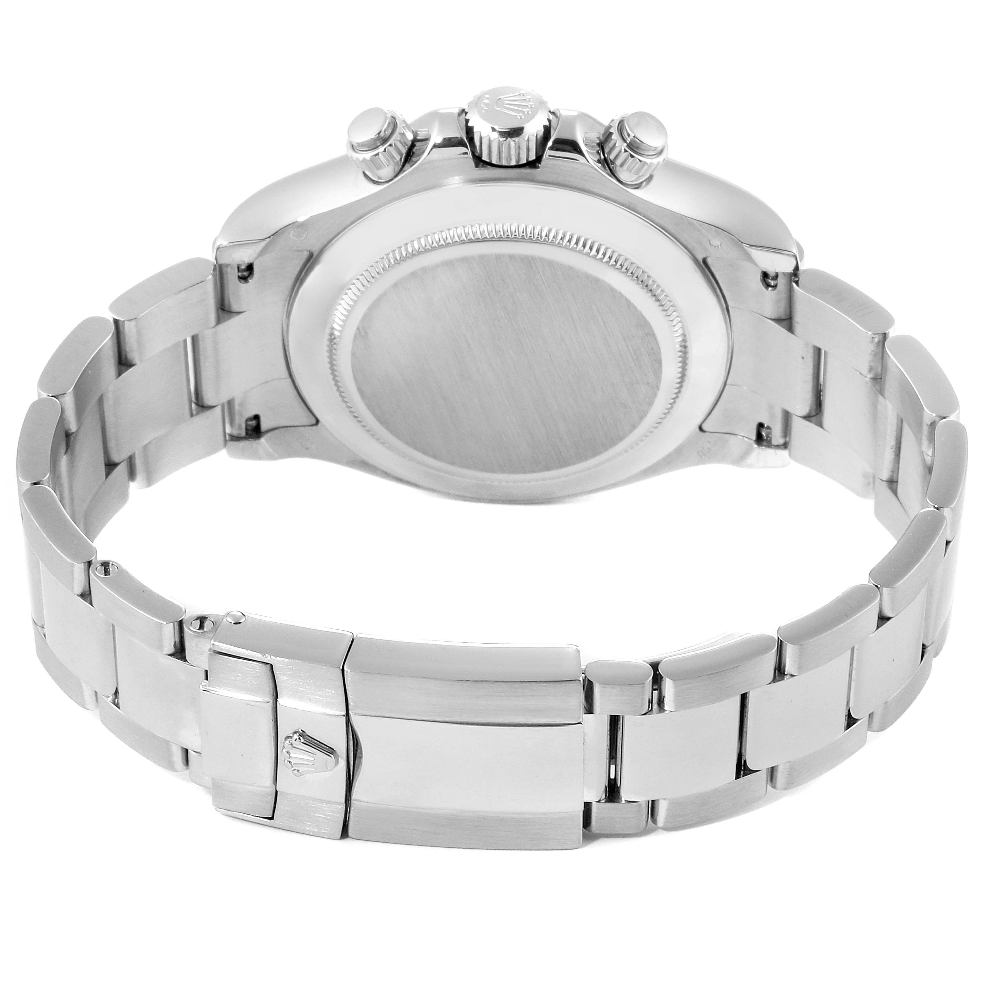 This image shows the backside and bracelet of a Rolex Daytona 116509 Men's White Gold Black Dial 116509 Men's White Gold Black Dial watch, focusing on the case back, crown, and clasp.