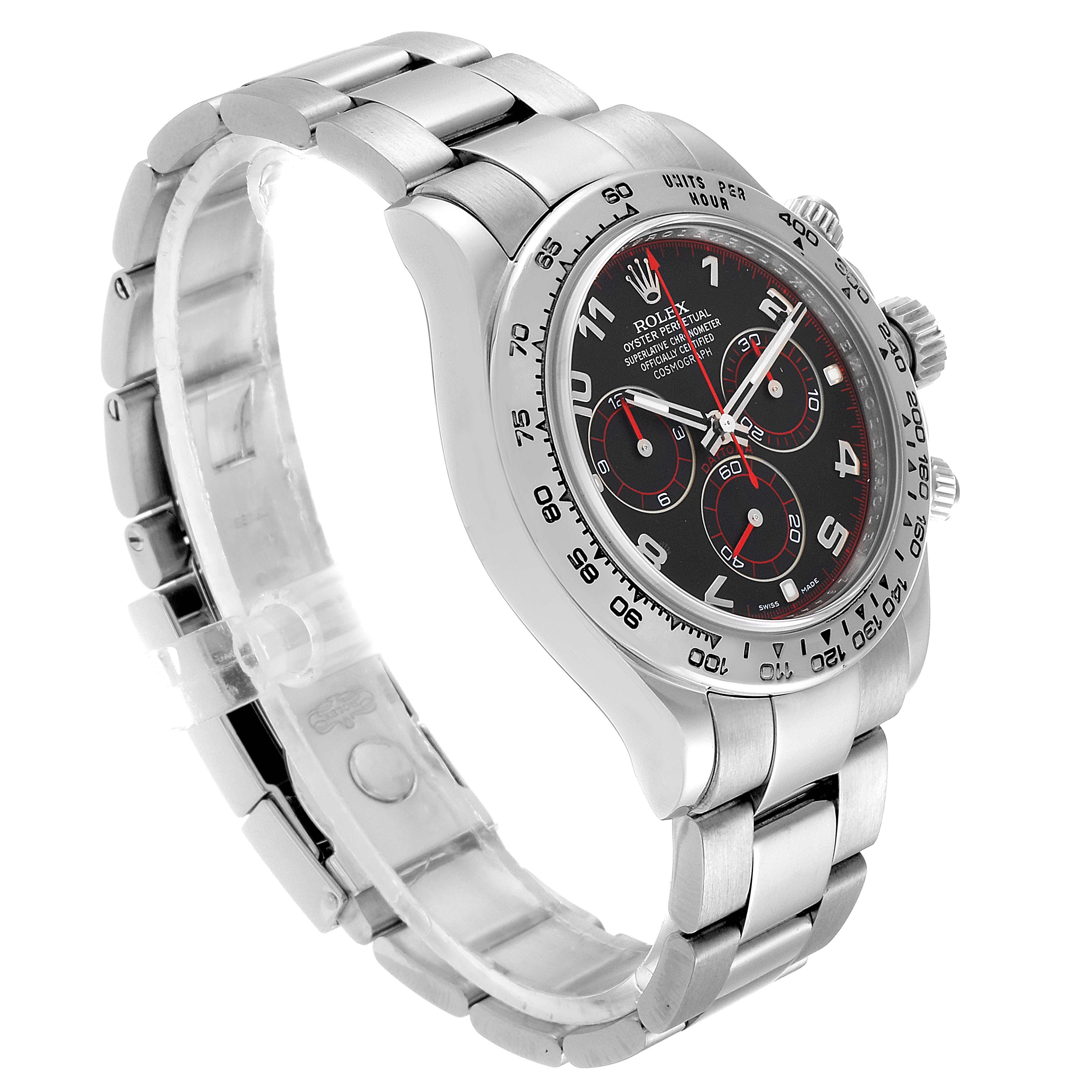 The Rolex Daytona 116509 Men's White Gold Black Dial 116509 Men's White Gold Black Dial watch is displayed at a 3/4 angle, showcasing the dial, bezel, crown, and stainless steel bracelet.