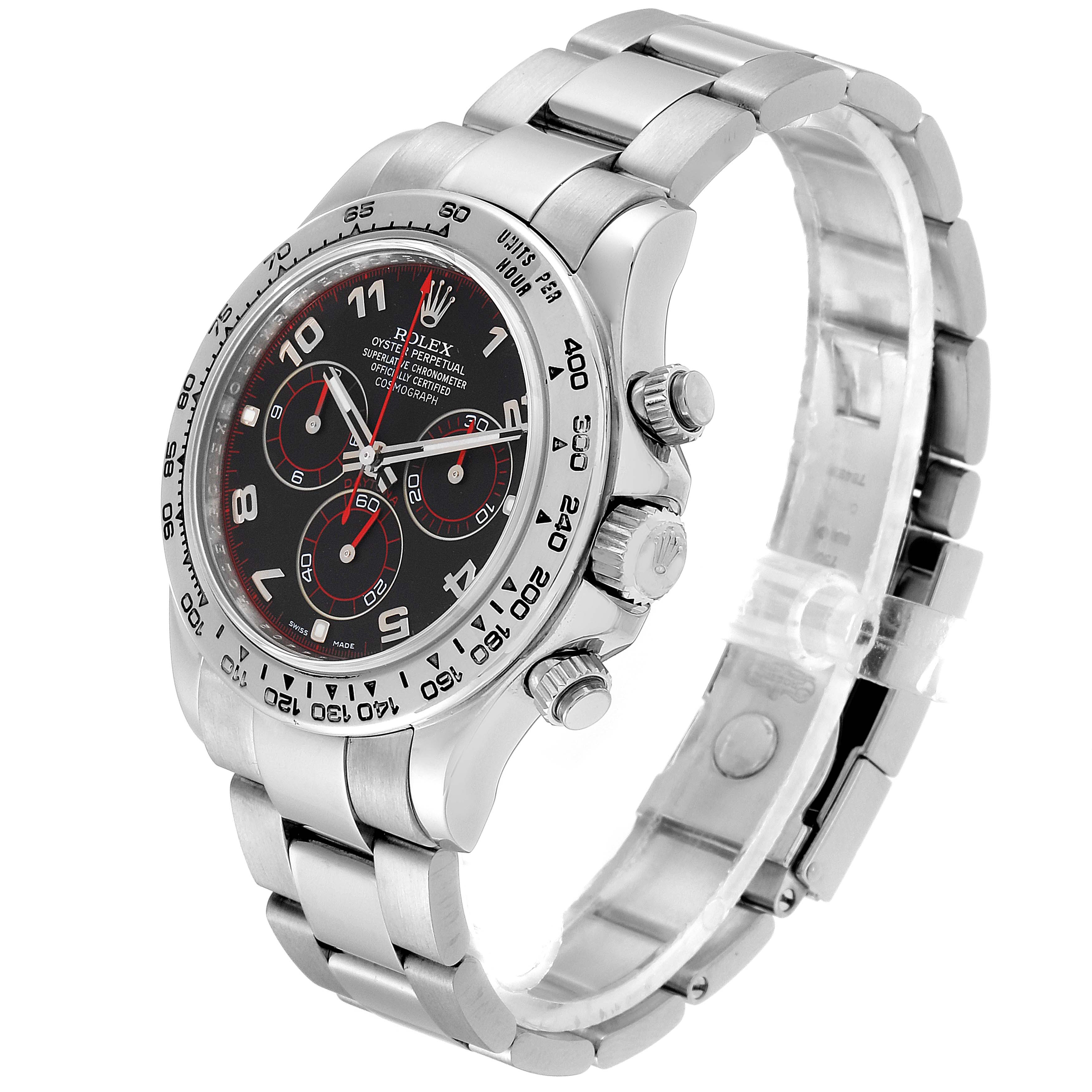 The Rolex Daytona 116509 Men's White Gold Black Dial 116509 Men's White Gold Black Dial watch is shown at a three-quarter angle, highlighting the face, bezel, crown, and bracelet.