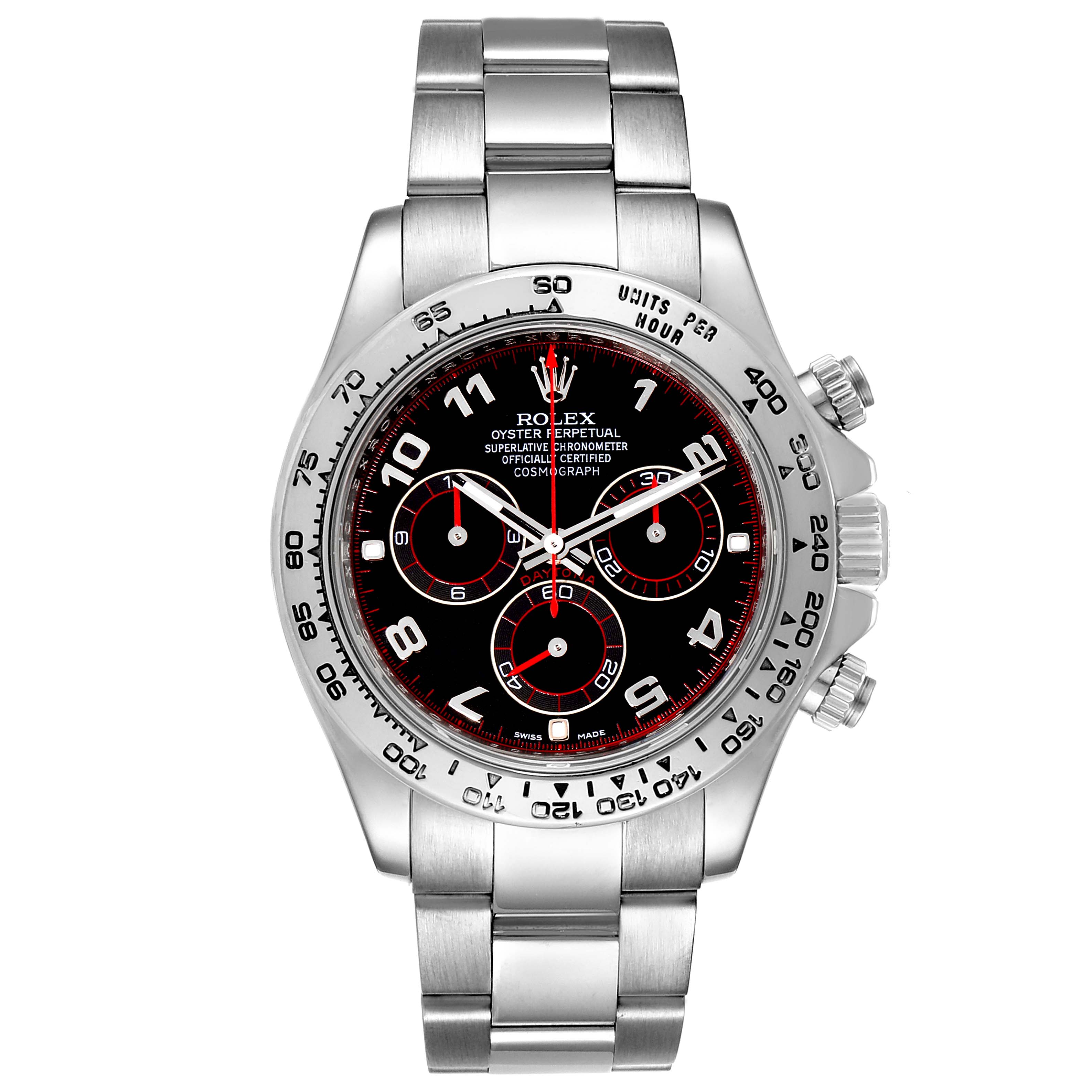 The image shows a front view of a Rolex Daytona 116509 Men's White Gold Black Dial 116509 Men's White Gold Black Dial watch, highlighting its stainless steel case and bracelet, chronograph dials, and bezel markings.