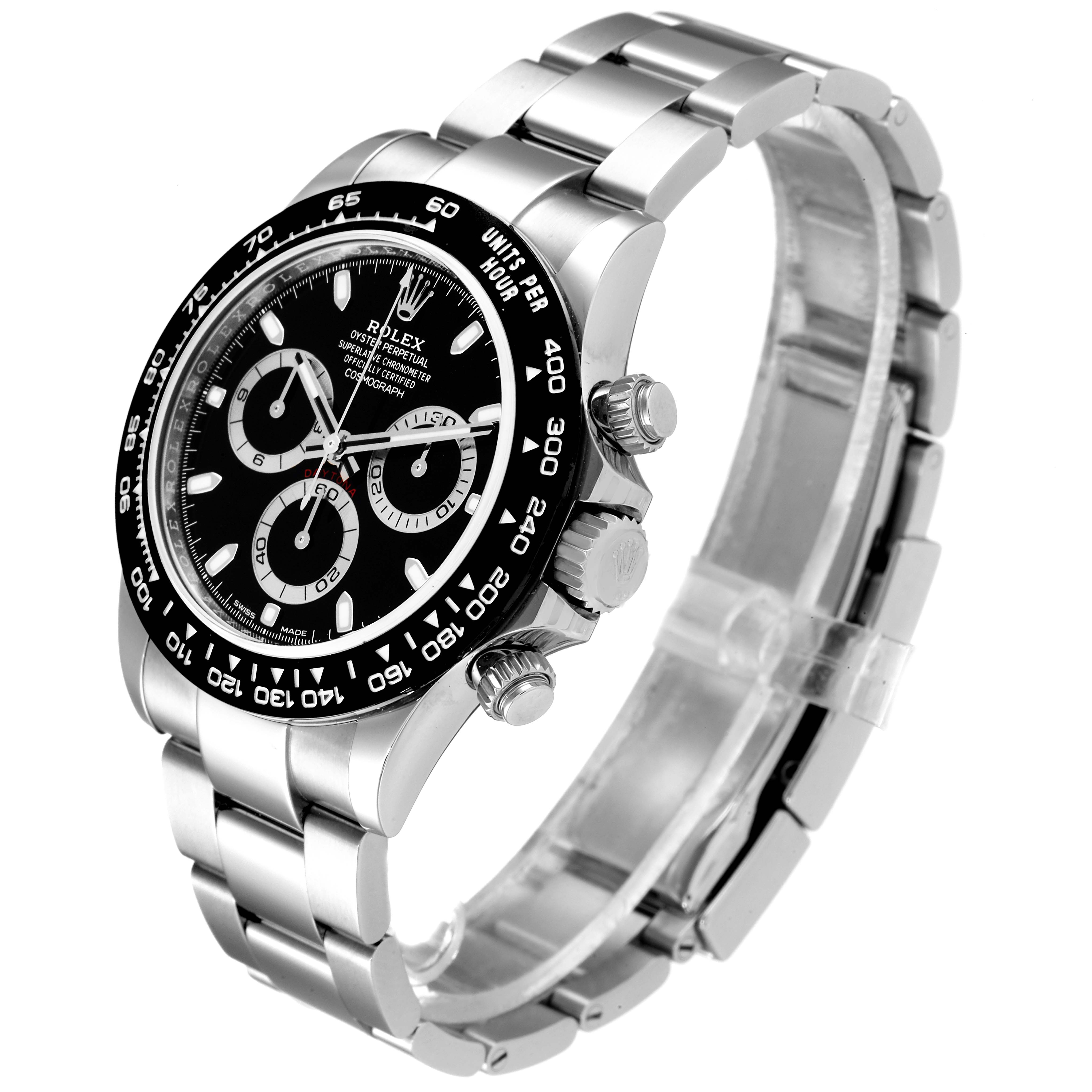This is a Rolex Daytona 116500 Men's Stainless Steel Black Dial 116500 Men's Stainless Steel Black Dial watch shown from an angled side view, displaying the case, bezel, dial, and bracelet.