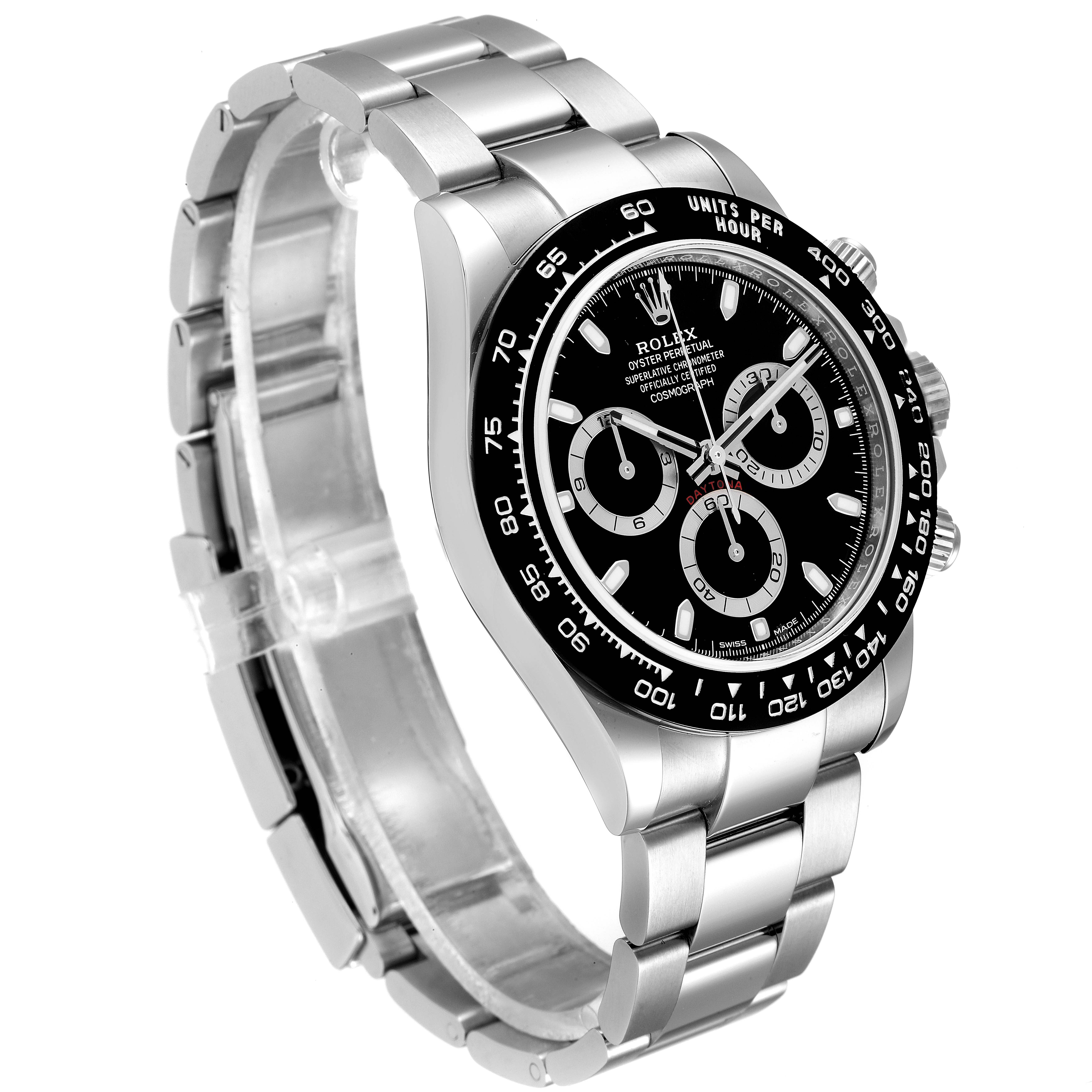 The Rolex Daytona 116500 Men's Stainless Steel Black Dial 116500 Men's Stainless Steel Black Dial watch is shown at a slight angle, highlighting the bezel, dial, and bracelet.