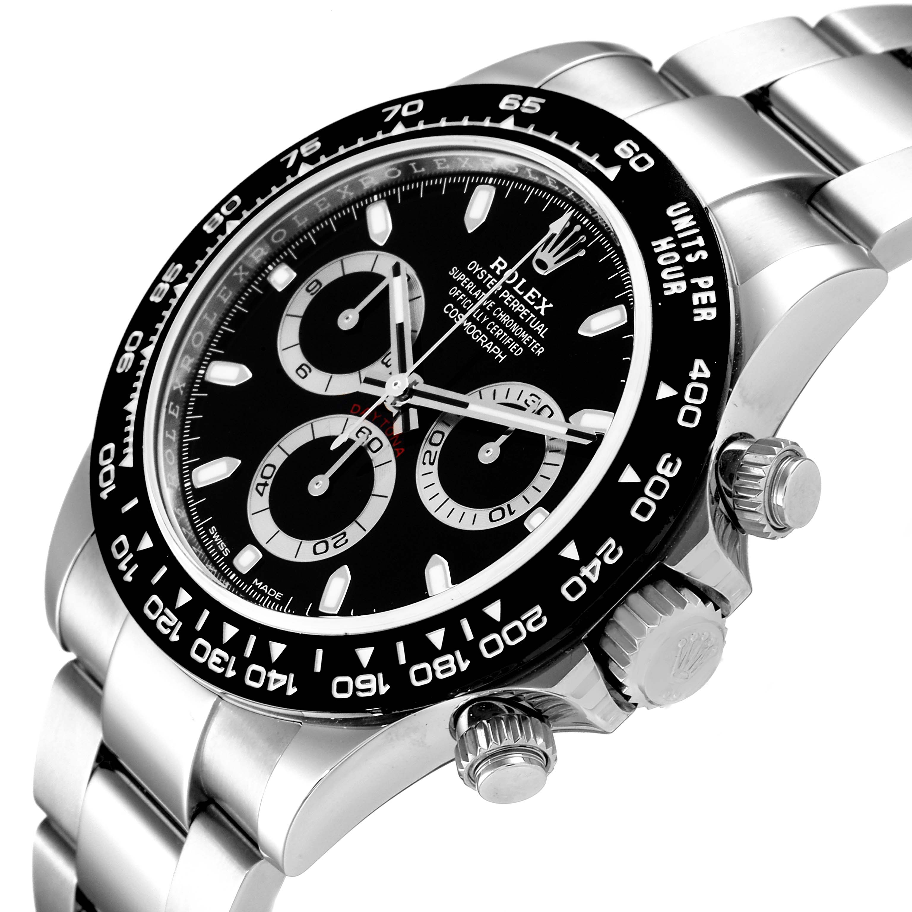 This image shows a close-up angle of the Rolex Daytona 116500 Men's Stainless Steel Black Dial 116500 Men's Stainless Steel Black Dial watch, highlighting the bezel, dial, crown, and bracelet.