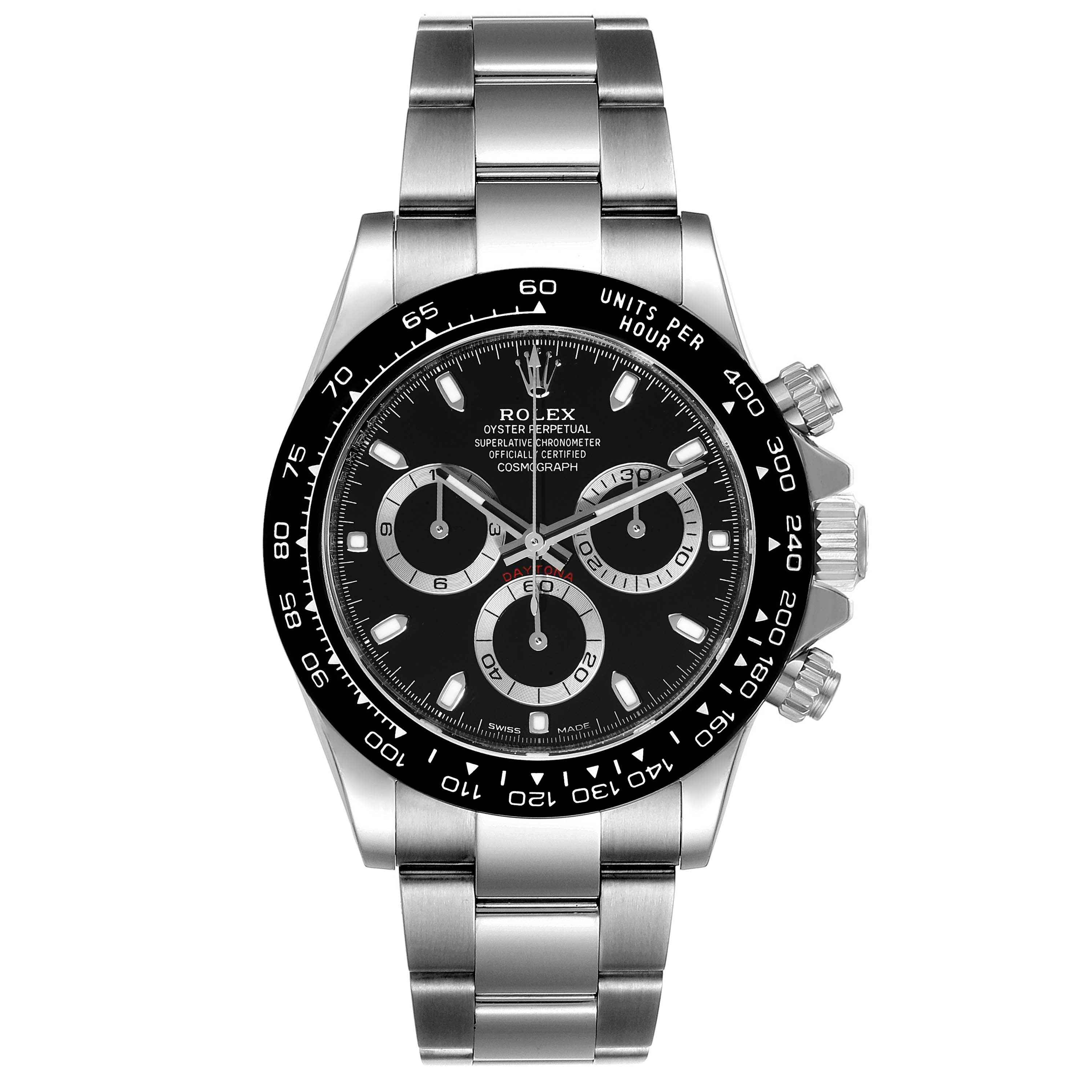 This image shows a frontal view of a Rolex Daytona 116500 Men's Stainless Steel Black Dial 116500 Men's Stainless Steel Black Dial watch, displaying the dial, bezel, and bracelet.