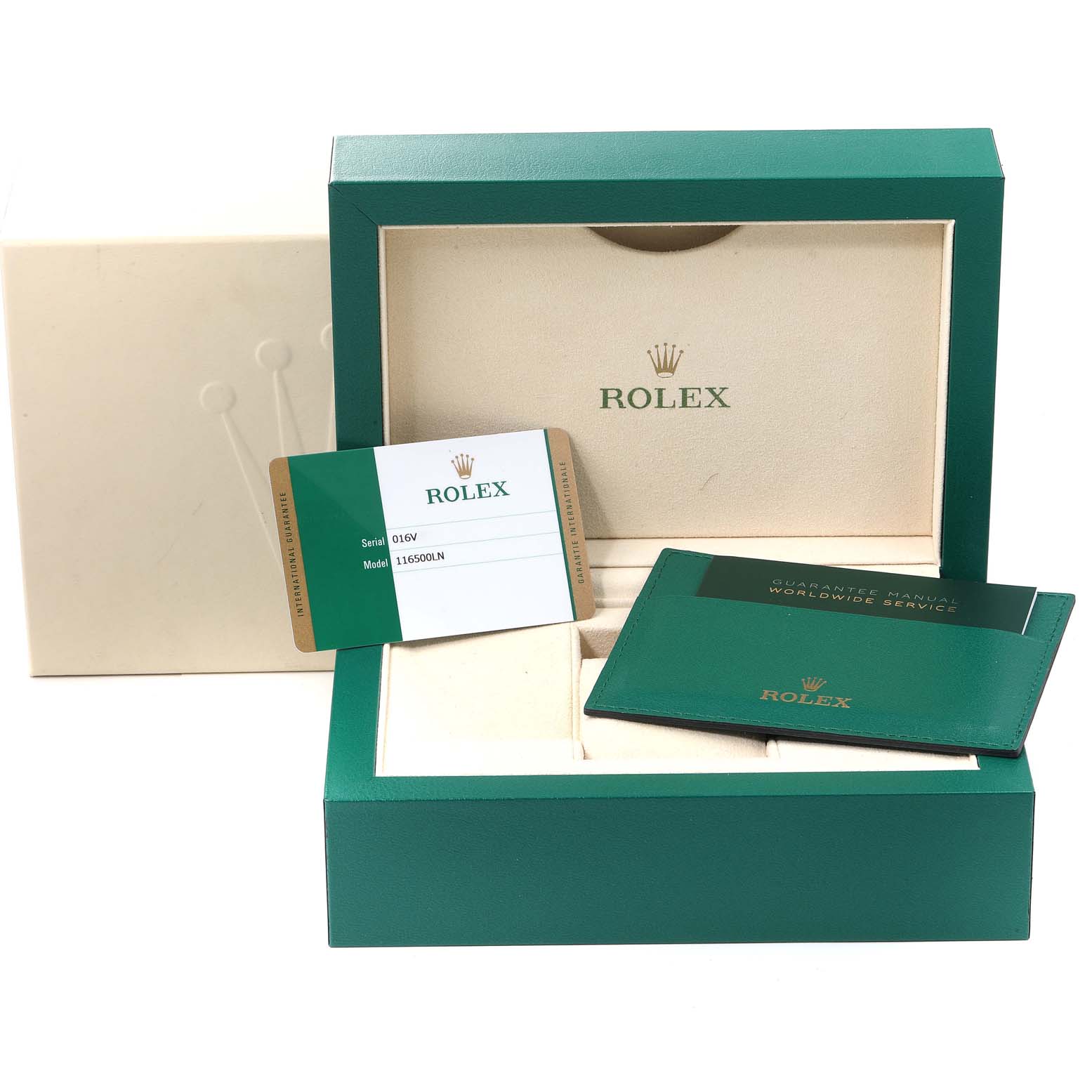 This image shows the packaging box, warranty card, and booklet for a Rolex Daytona 116500 Men's Stainless Steel Black Dial 116500 Men's Stainless Steel Black Dial watch.