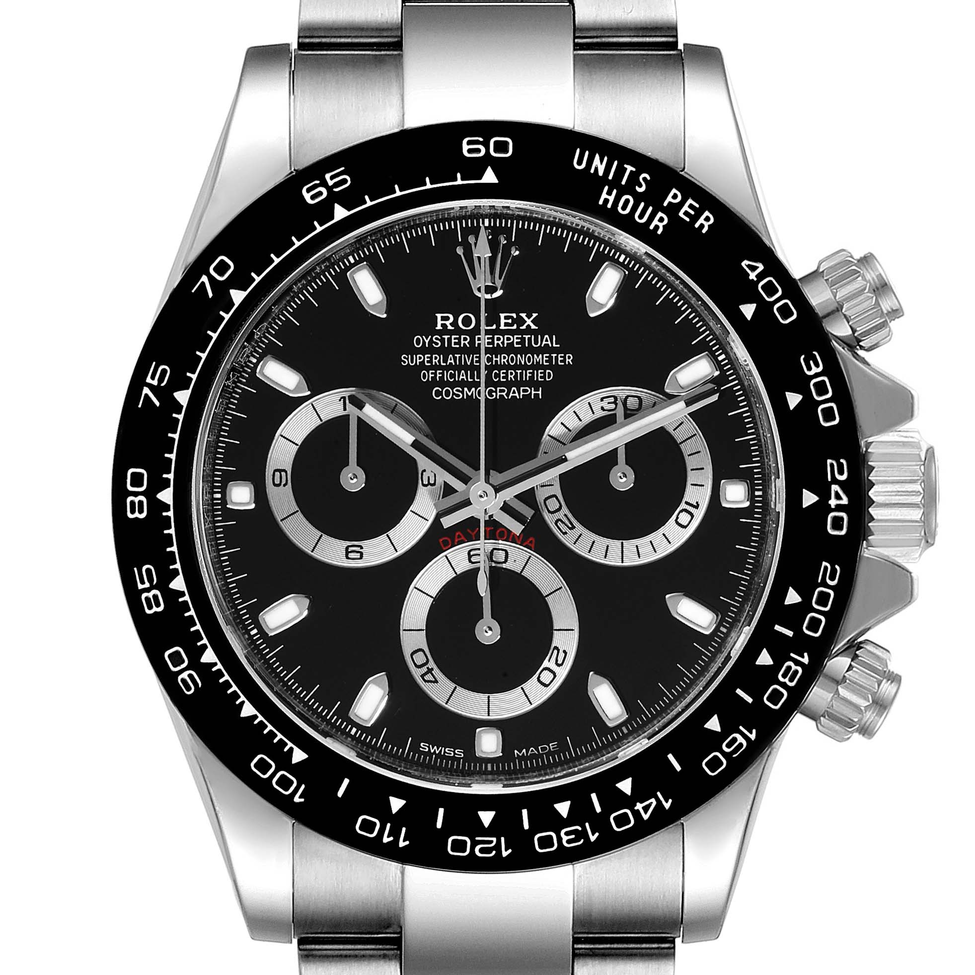 This image shows a frontal view of a Rolex Daytona 116500 Men's Stainless Steel Black Dial 116500 Men's Stainless Steel Black Dial watch, showcasing its dial, bezel, and pushers.