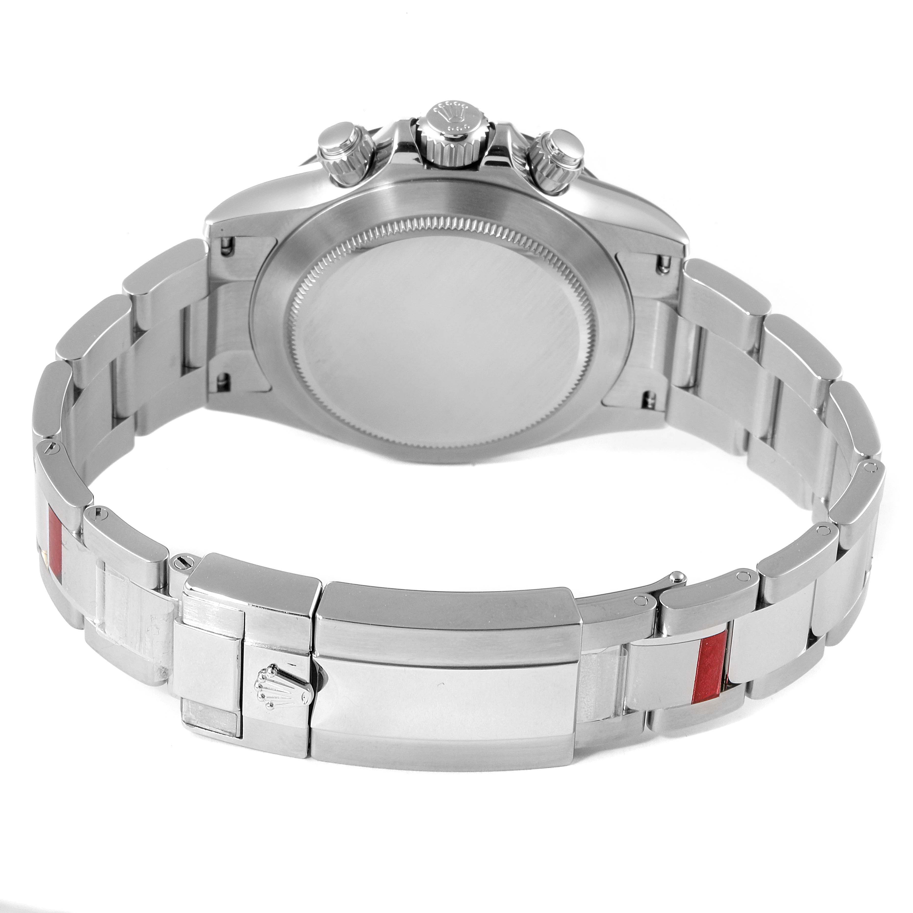 The image shows the back and bracelet of a Rolex Daytona 116500 Men's Stainless Steel Black Dial 116500 Men's Stainless Steel Black Dial watch, highlighting the clasp and case back.