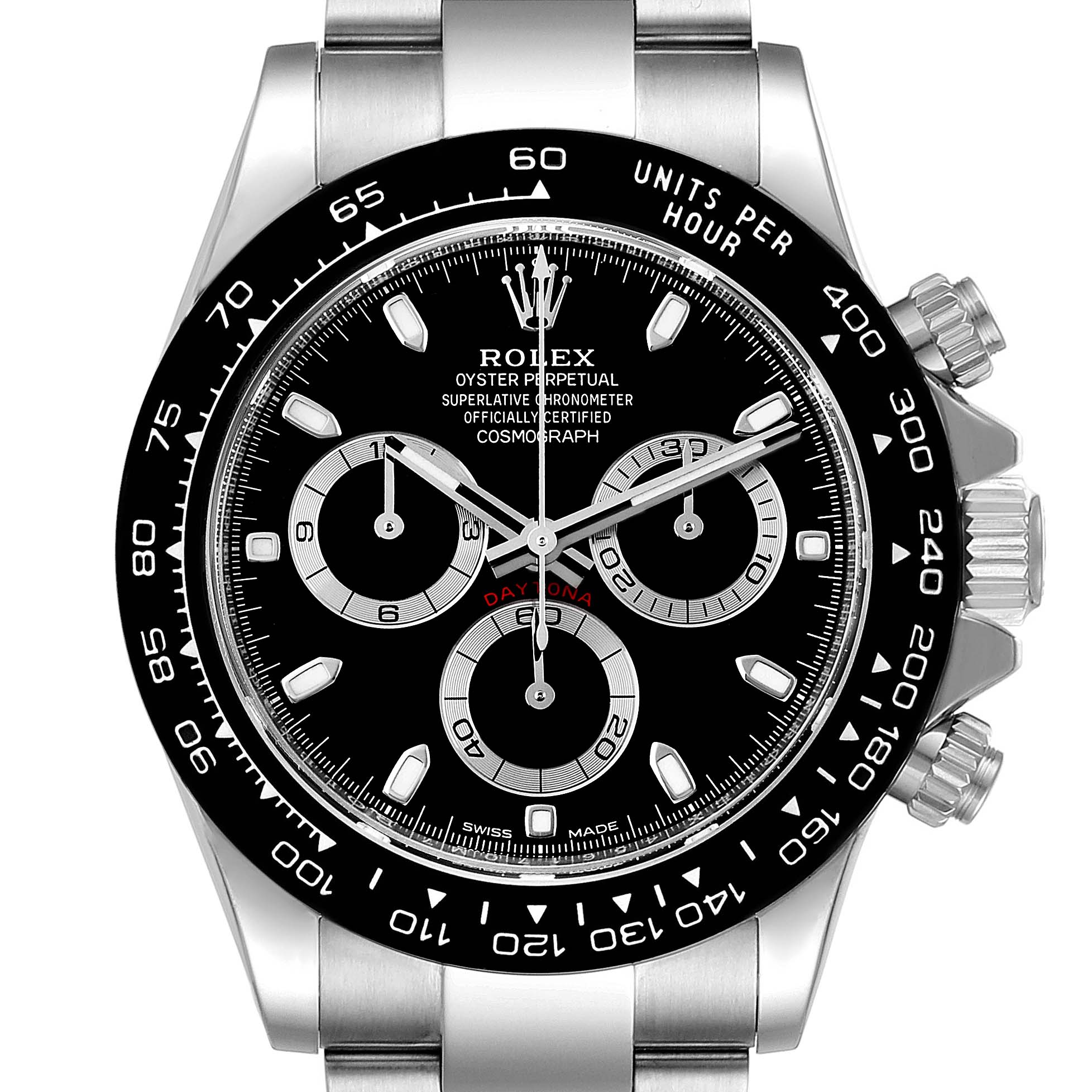 The image shows a front view of the watch face of a Rolex Daytona 116500 Men's Stainless Steel Black Dial 116500 Men's Stainless Steel Black Dial model, displaying its dial, bezel, and pushers.