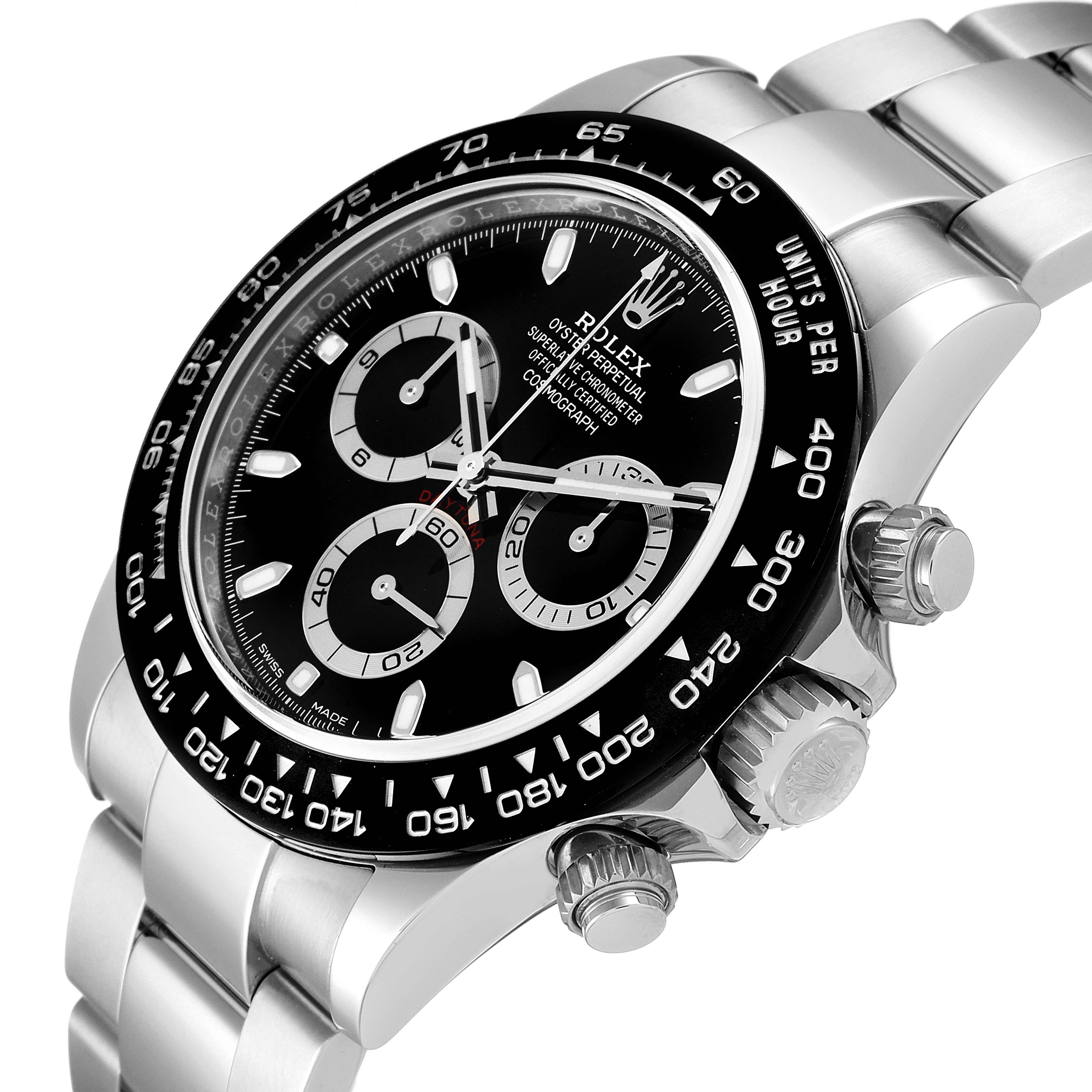 The image shows a close-up side angle of the Rolex Daytona 116500 Men's Stainless Steel Black Dial 116500 Men's Stainless Steel Black Dial watch, highlighting the bezel, dial, chronograph sub-dials, and crown.