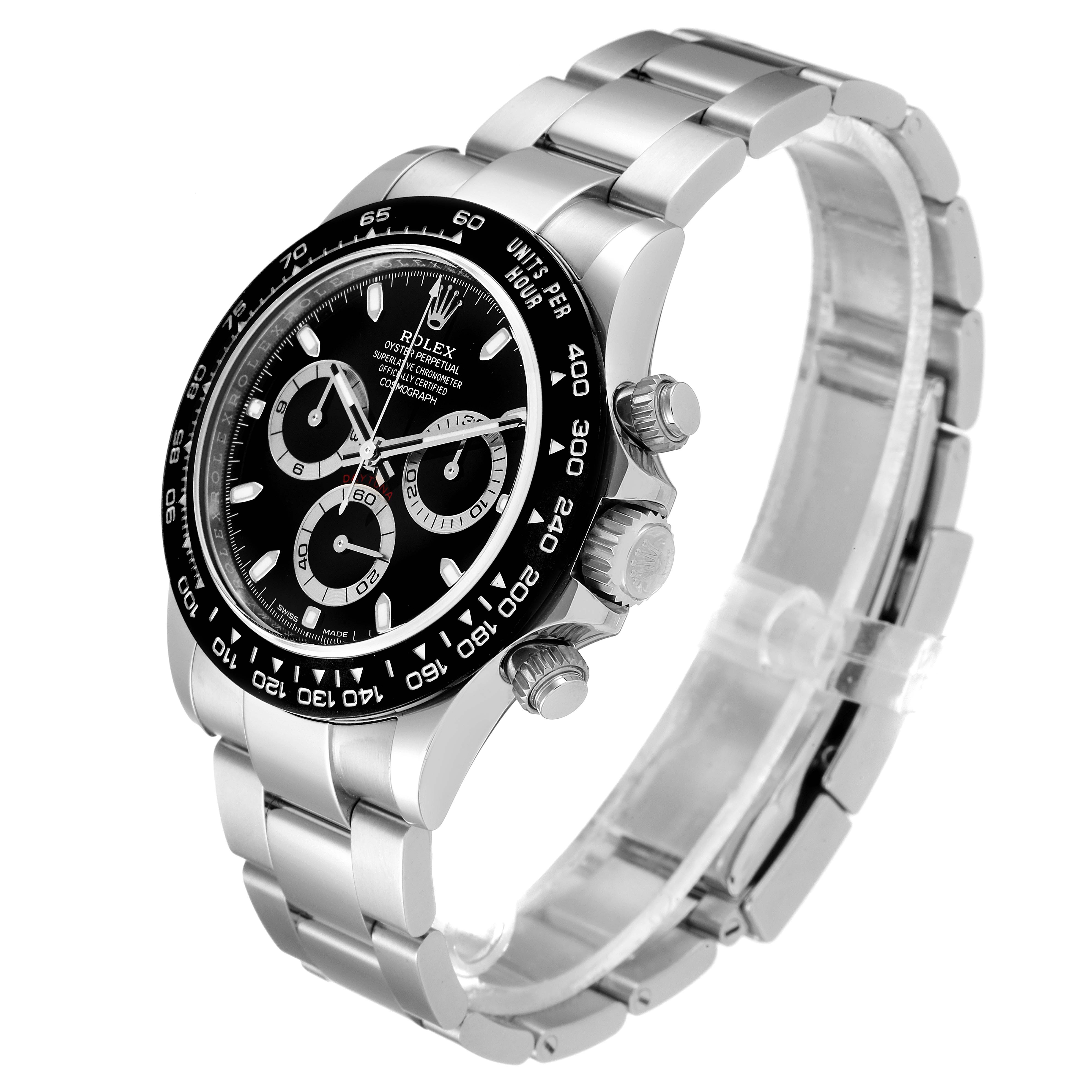 The image shows a side angle of a Rolex Daytona 116500 Men's Stainless Steel Black Dial 116500 Men's Stainless Steel Black Dial watch, highlighting its bezel, dial, and stainless steel bracelet.