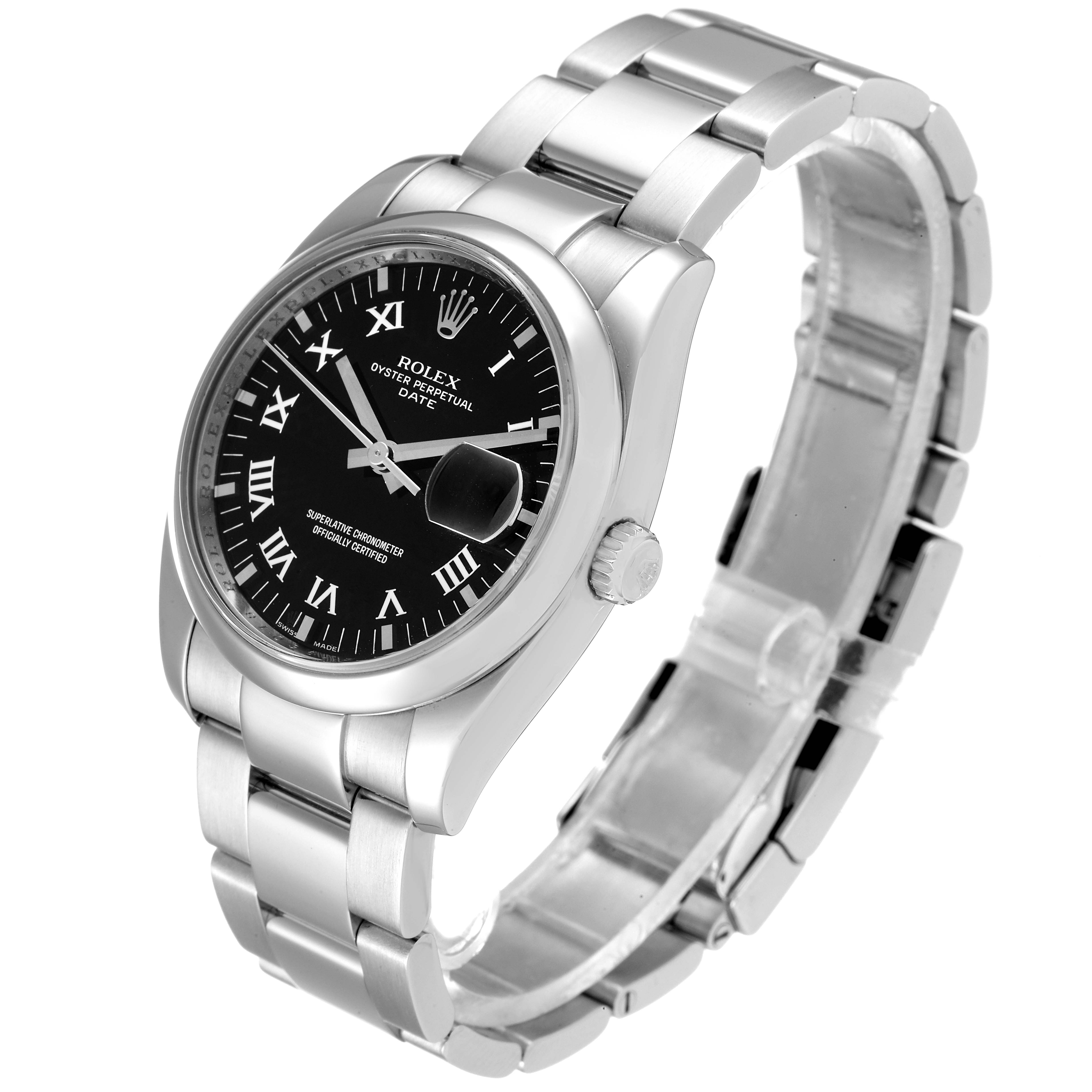 The image shows a Rolex Date 115200 Men's Stainless Steel Black Dial 115200 Men's Stainless Steel Black Dial model watch at a three-quarter angle, detailing the face, bezel, crown, and bracelet.