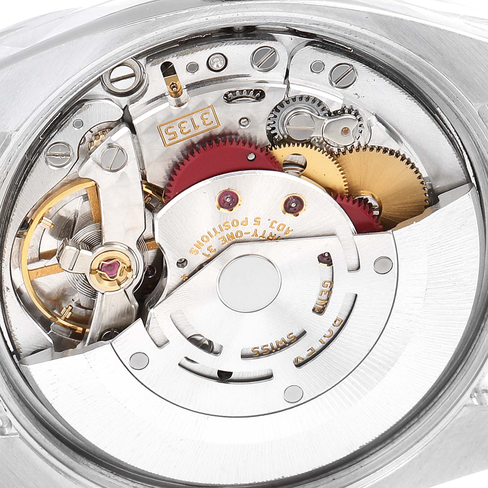 The image shows the internal mechanical movement of a Rolex Date 115200 Men's Stainless Steel Black Dial 115200 Men's Stainless Steel Black Dial model watch from an overhead angle.