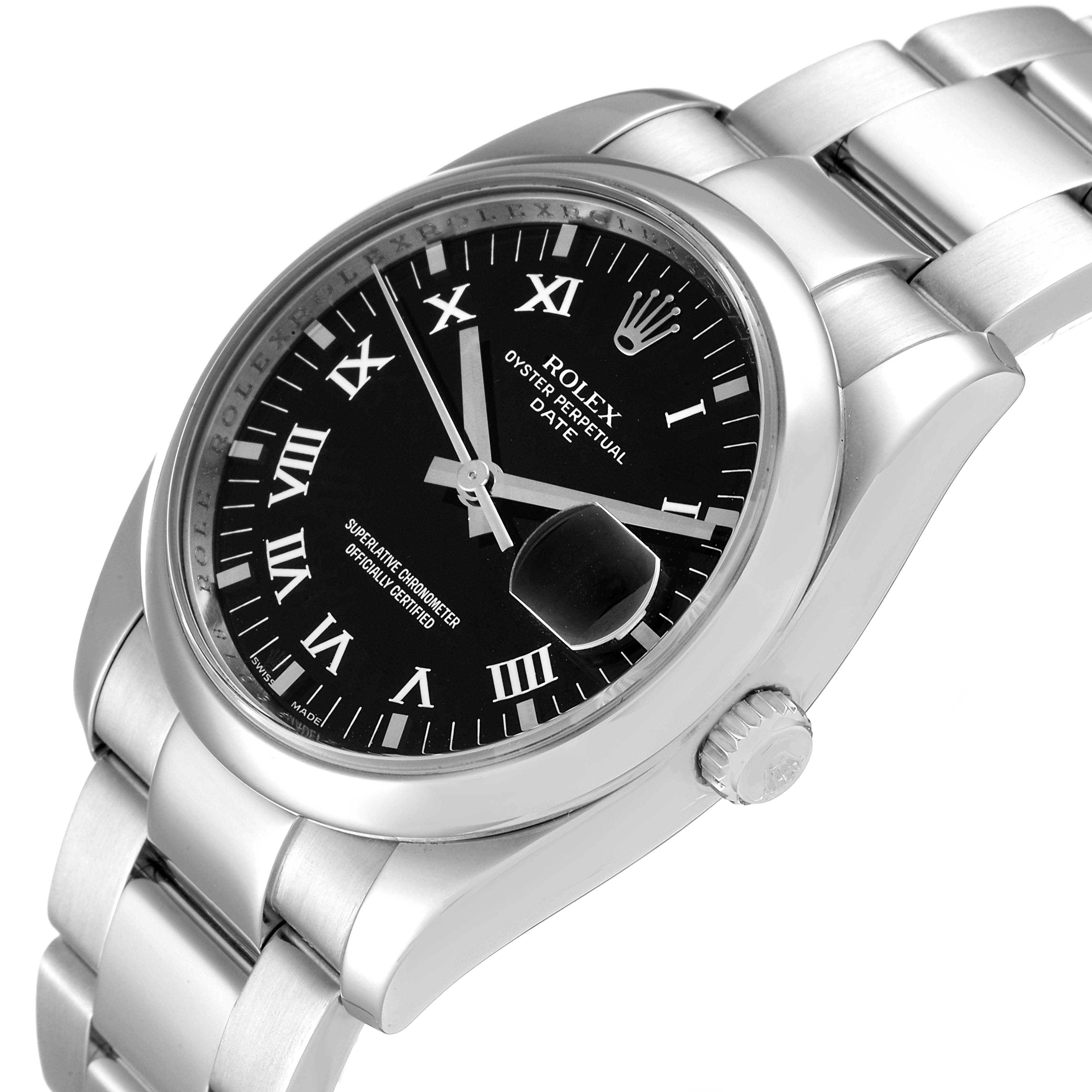 The image shows a Rolex Date 115200 Men's Stainless Steel Black Dial 115200 Men's Stainless Steel Black Dial model watch at an angle displaying its black dial, Roman numerals, and metal bracelet.