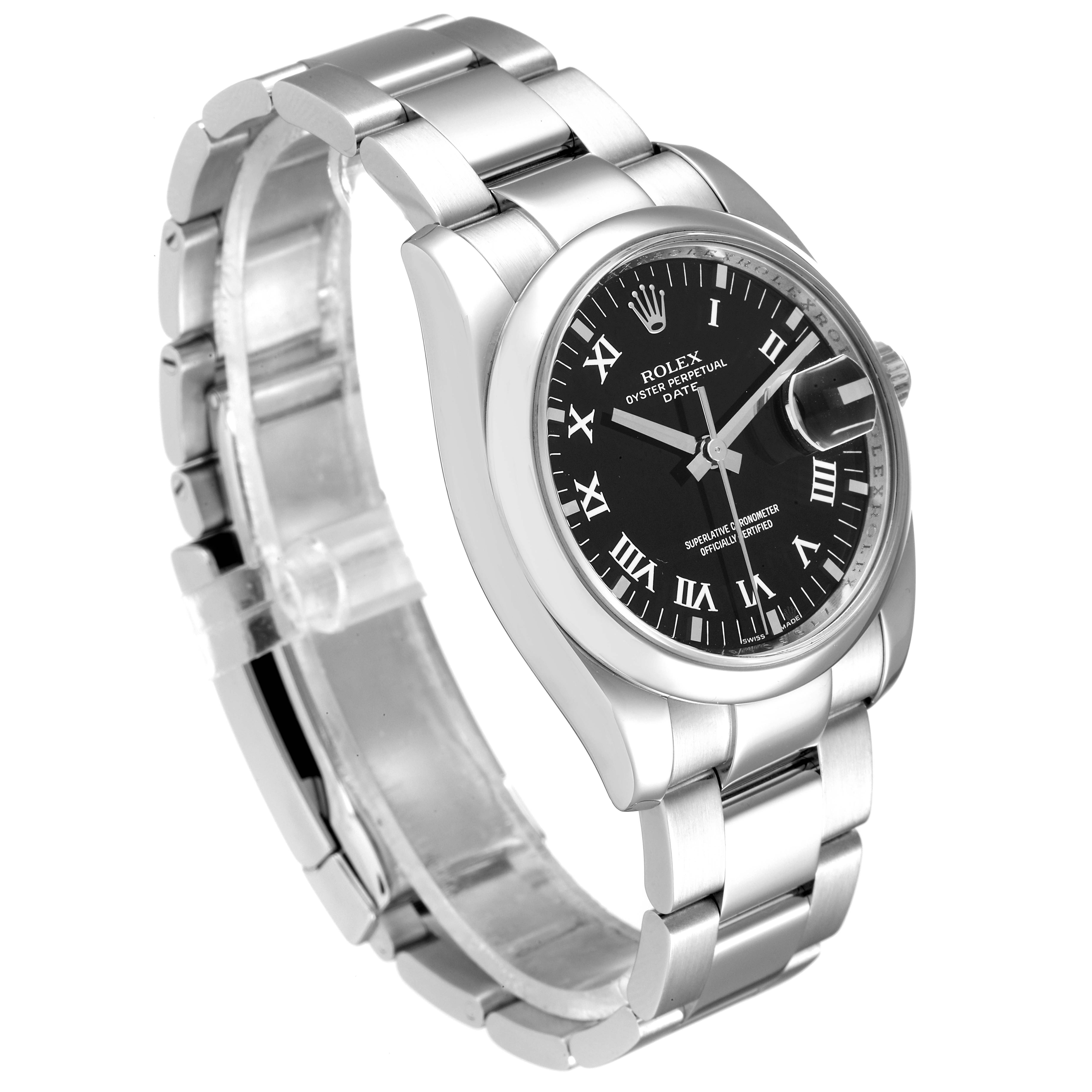 The Rolex Date 115200 Men's Stainless Steel Black Dial 115200 Men's Stainless Steel Black Dial watch is shown at a three-quarter angle, displaying the bracelet, case, and black dial with Roman numerals.
