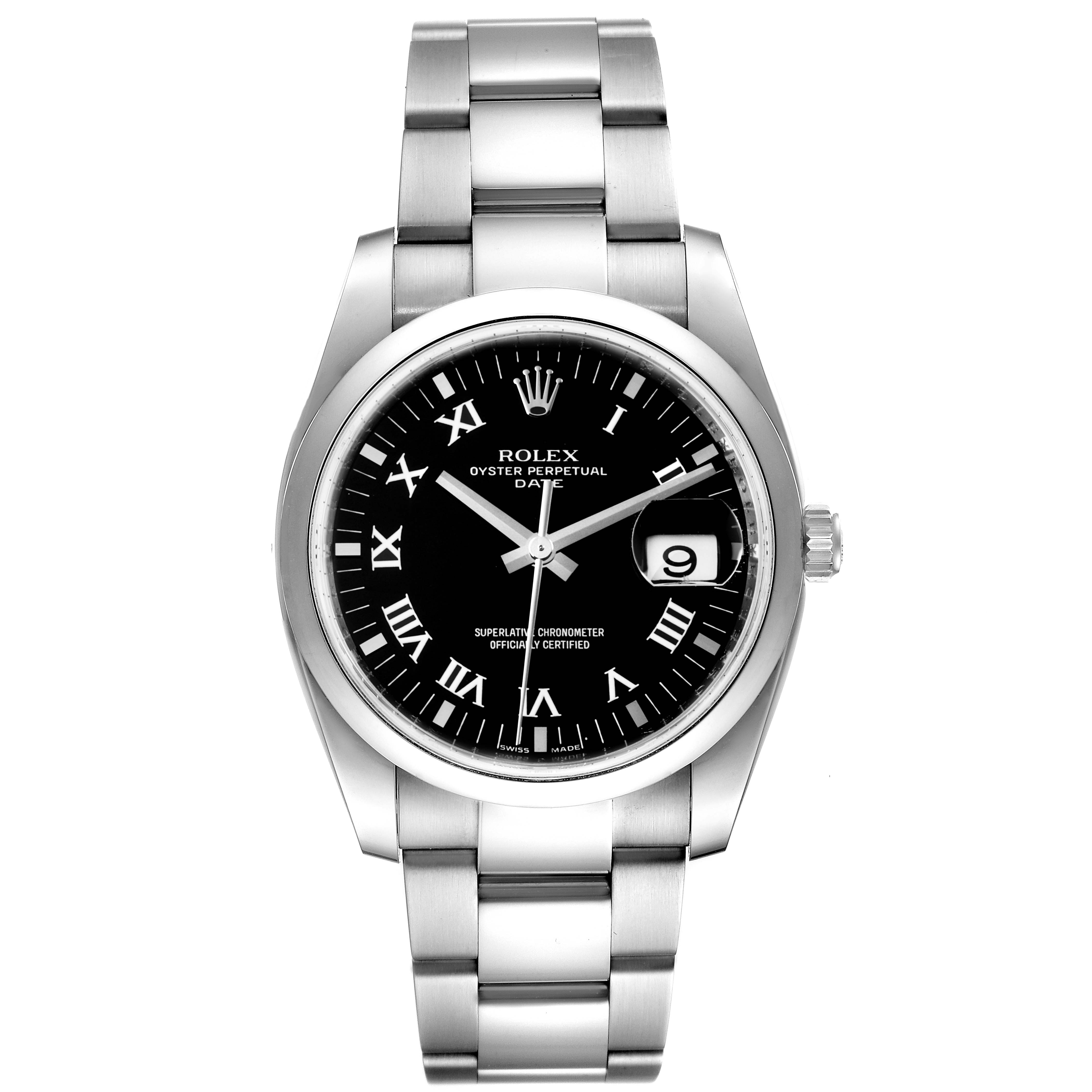 This image shows a Rolex Oyster Perpetual Date model watch from a front angle, highlighting the dial, bracelet, and date window.