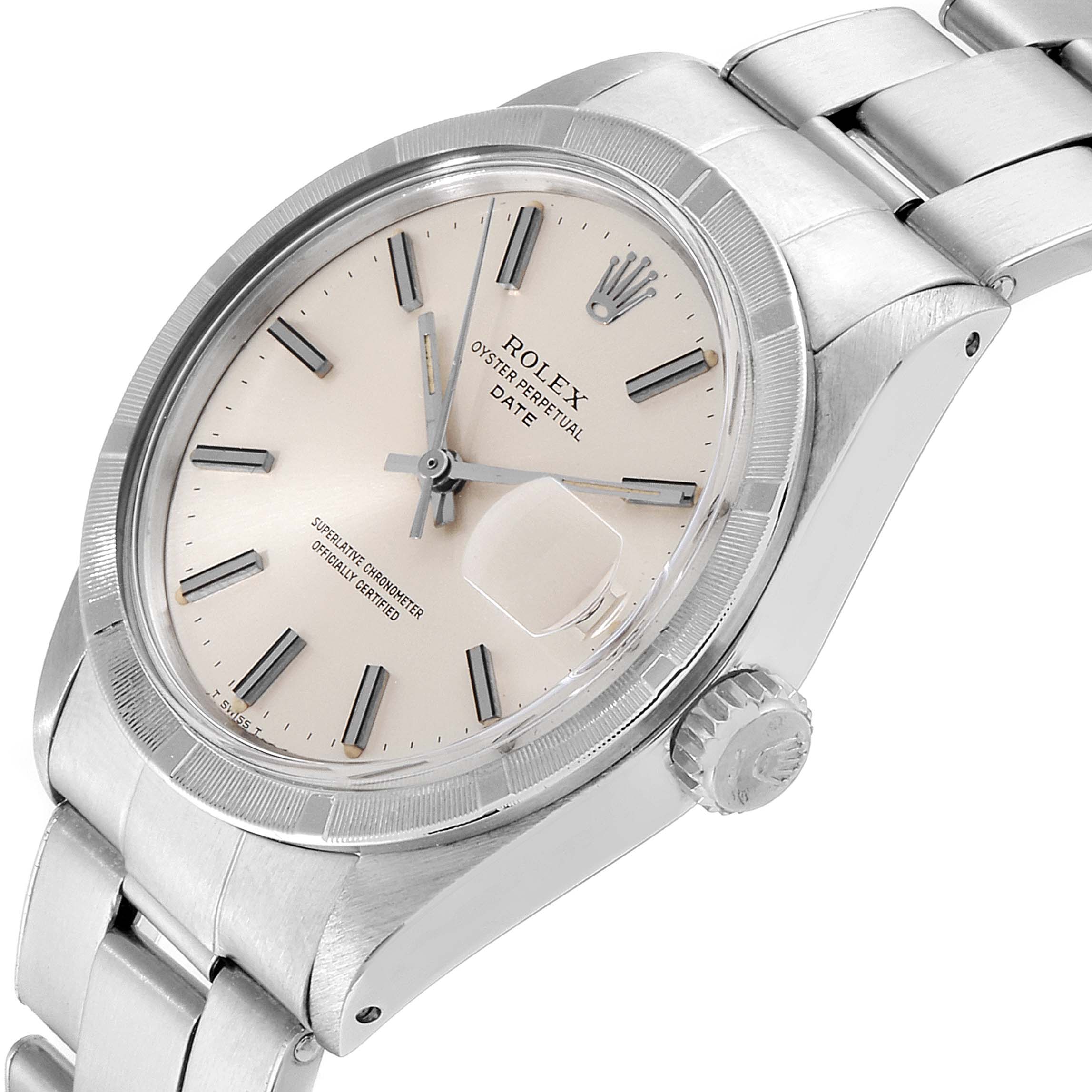 This image shows a side angle of the Rolex Date 1501 Men's Stainless Steel Silver Dial 1501 Men's Stainless Steel Silver Dial model, featuring its dial, bezel, crown, and part of the bracelet.