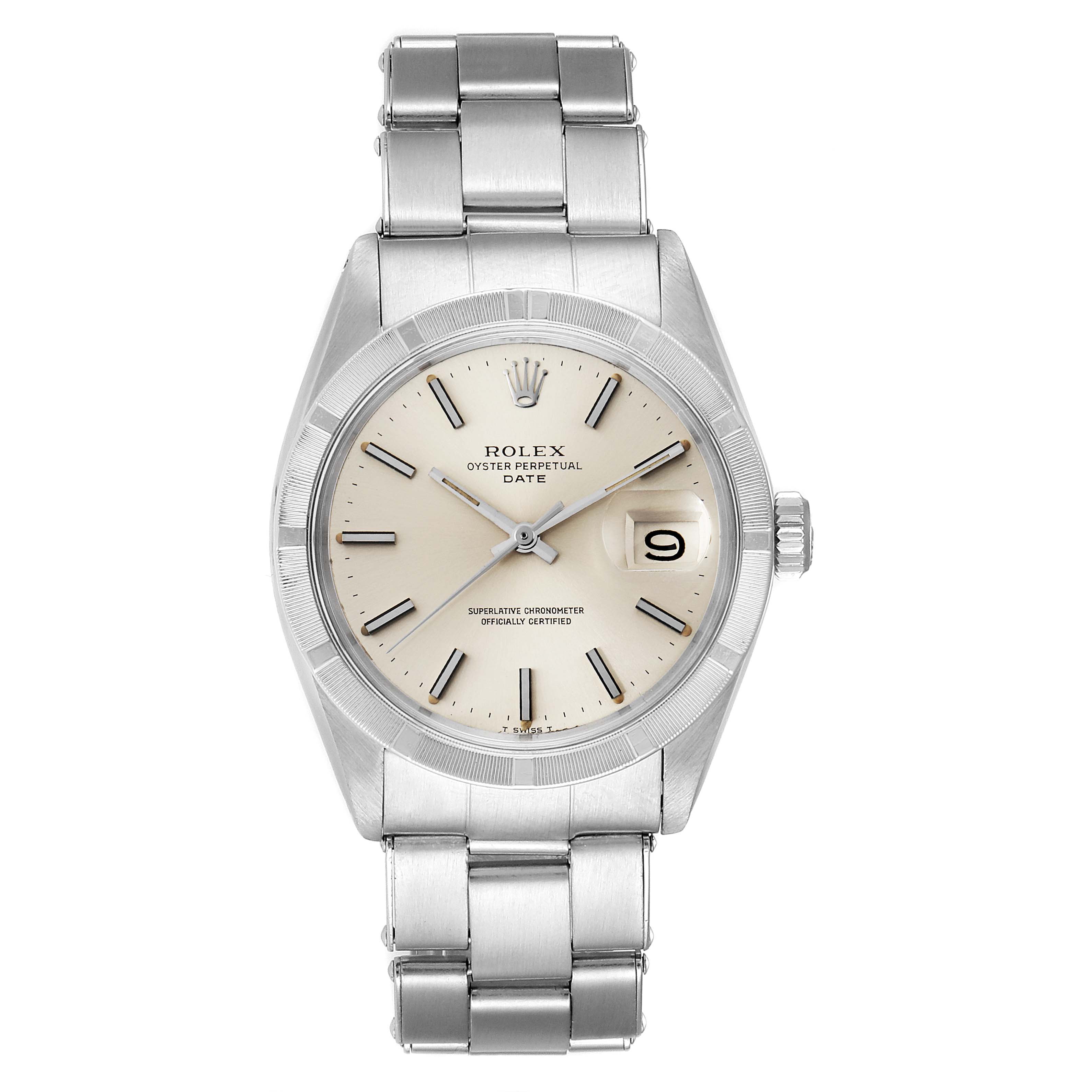 This image shows a Rolex Date 1501 Men's Stainless Steel Silver Dial 1501 Men's Stainless Steel Silver Dial model watch from a straight-on angle, displaying the dial, bezel, bracelet, and crown.
