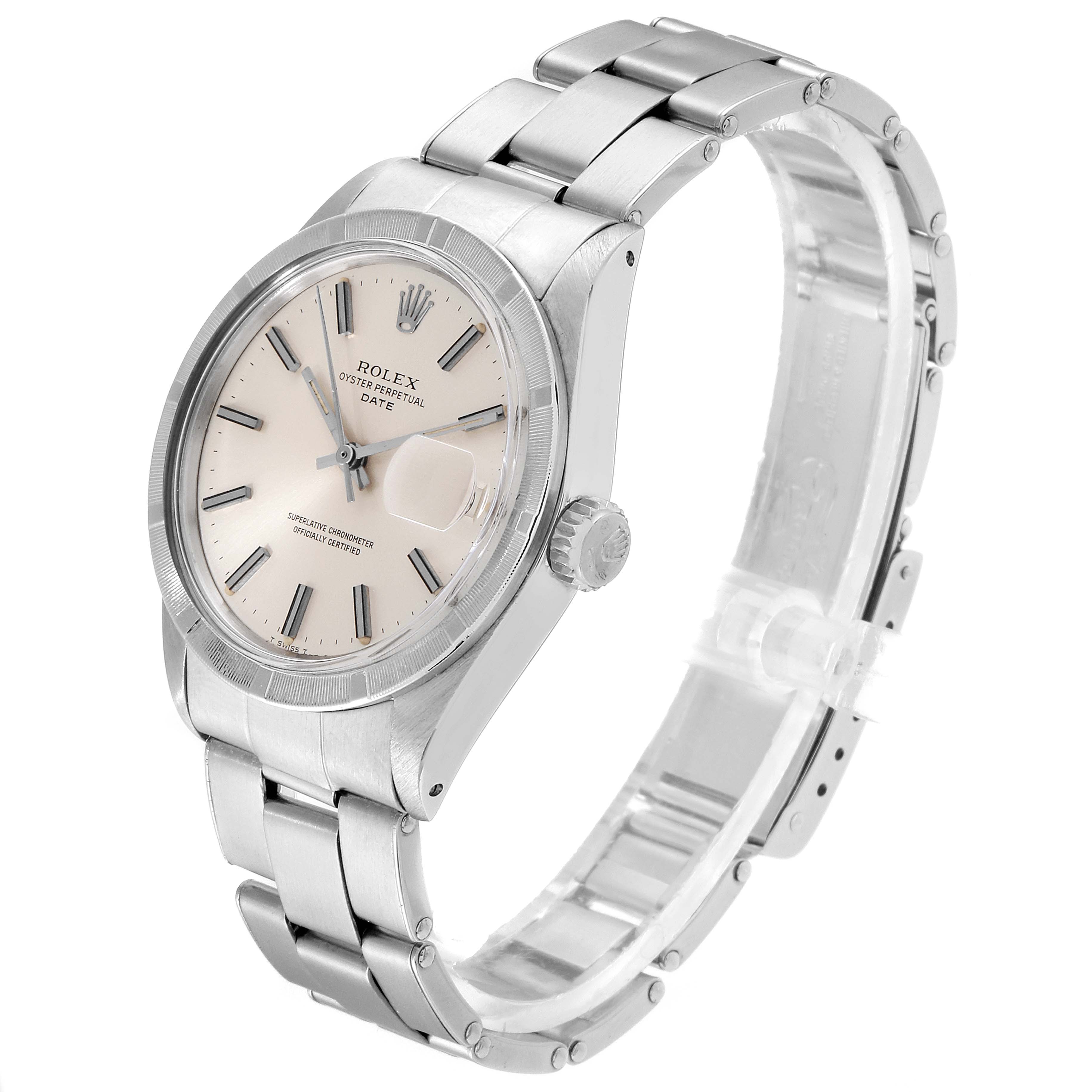 The image shows a side angle view of the Rolex Oyster Perpetual Date watch, highlighting the case, dial, and metal bracelet.