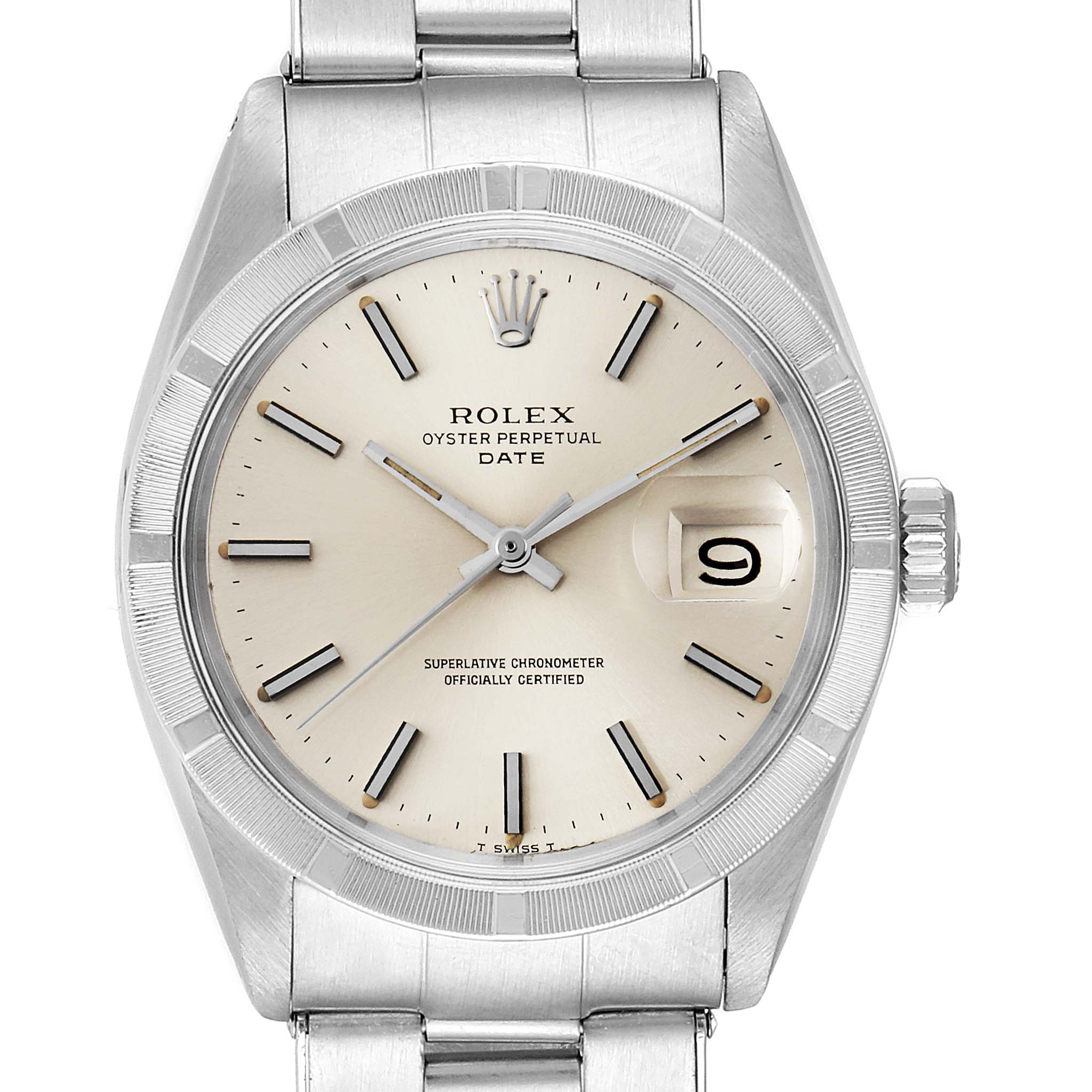 This image shows a front view of a Rolex Date 1501 Men's Stainless Steel Silver Dial 1501 Men's Stainless Steel Silver Dial model watch, highlighting the dial, hands, date window, and part of the bracelet.