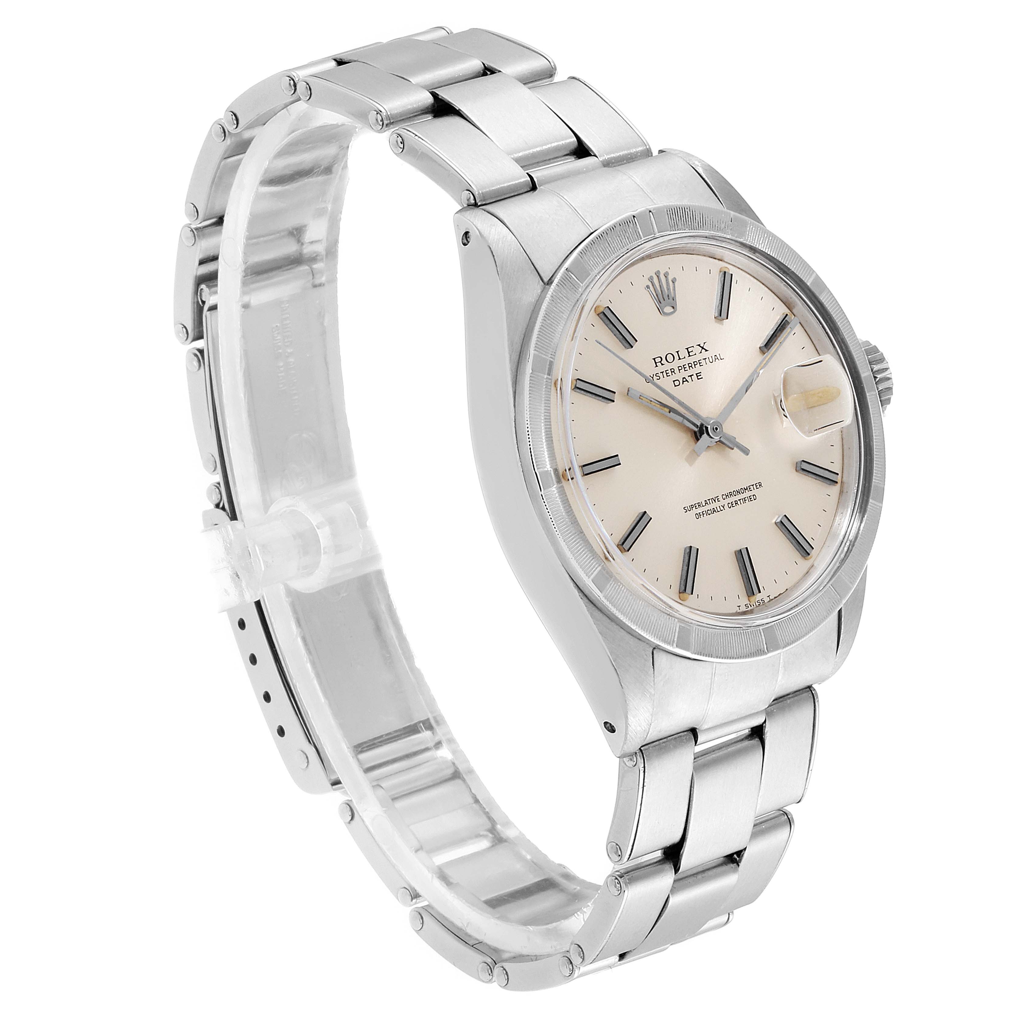 The image shows the Rolex Date 1501 Men's Stainless Steel Silver Dial 1501 Men's Stainless Steel Silver Dial model watch at a three-quarter angle, highlighting the dial, bezel, case, and bracelet.