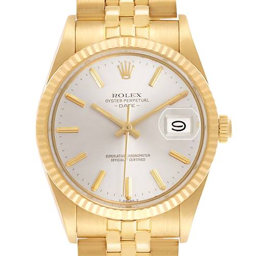 The Rolex Datejust 15037 Men's Yellow Gold Silver Dial is shown from the front, highlighting the face, bezel, and part of the bracelet.