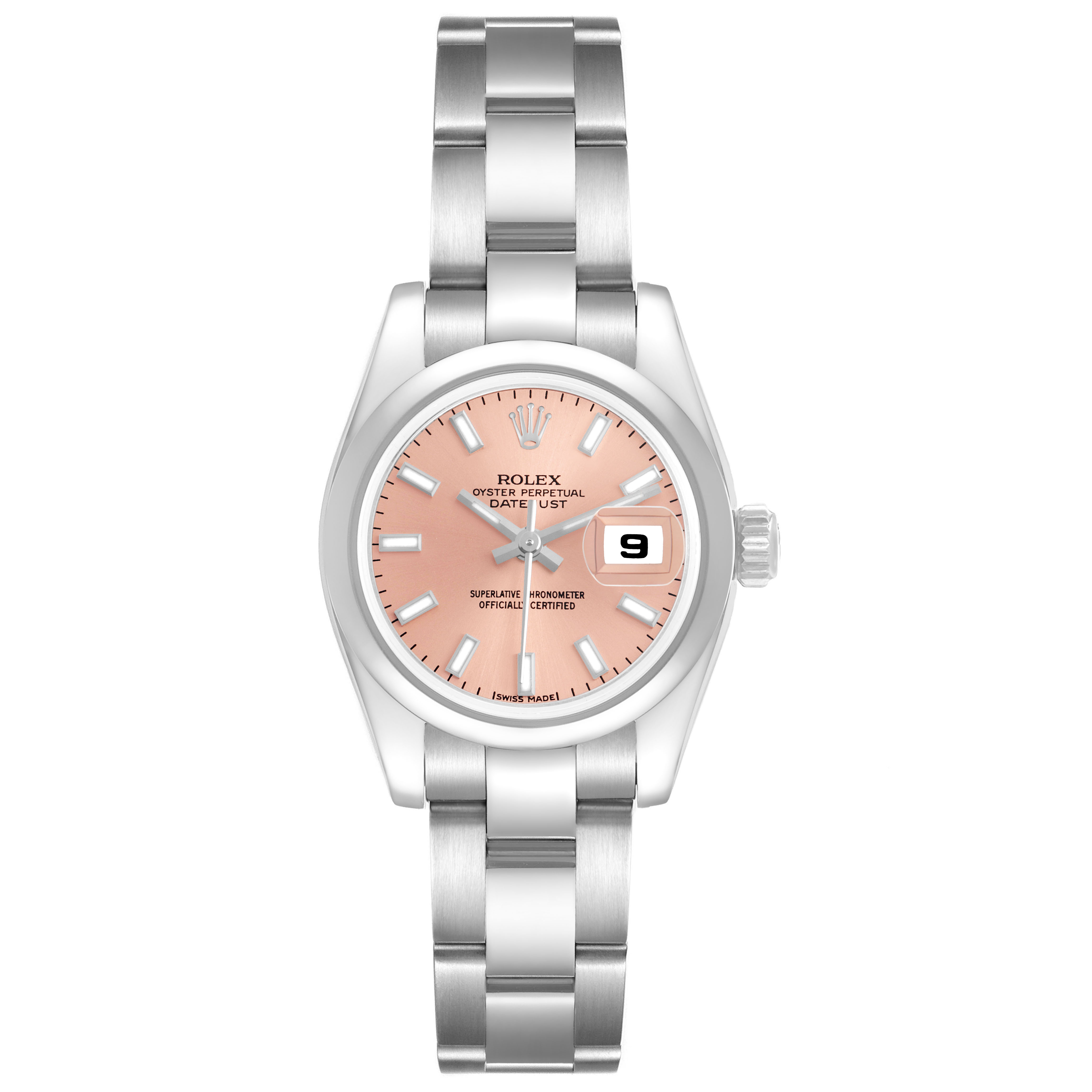 The Rolex Datejust 179160 Women's Stainless Steel Pink Dial watch is shown from a front angle, displaying the dial, case, bezel, and bracelet.