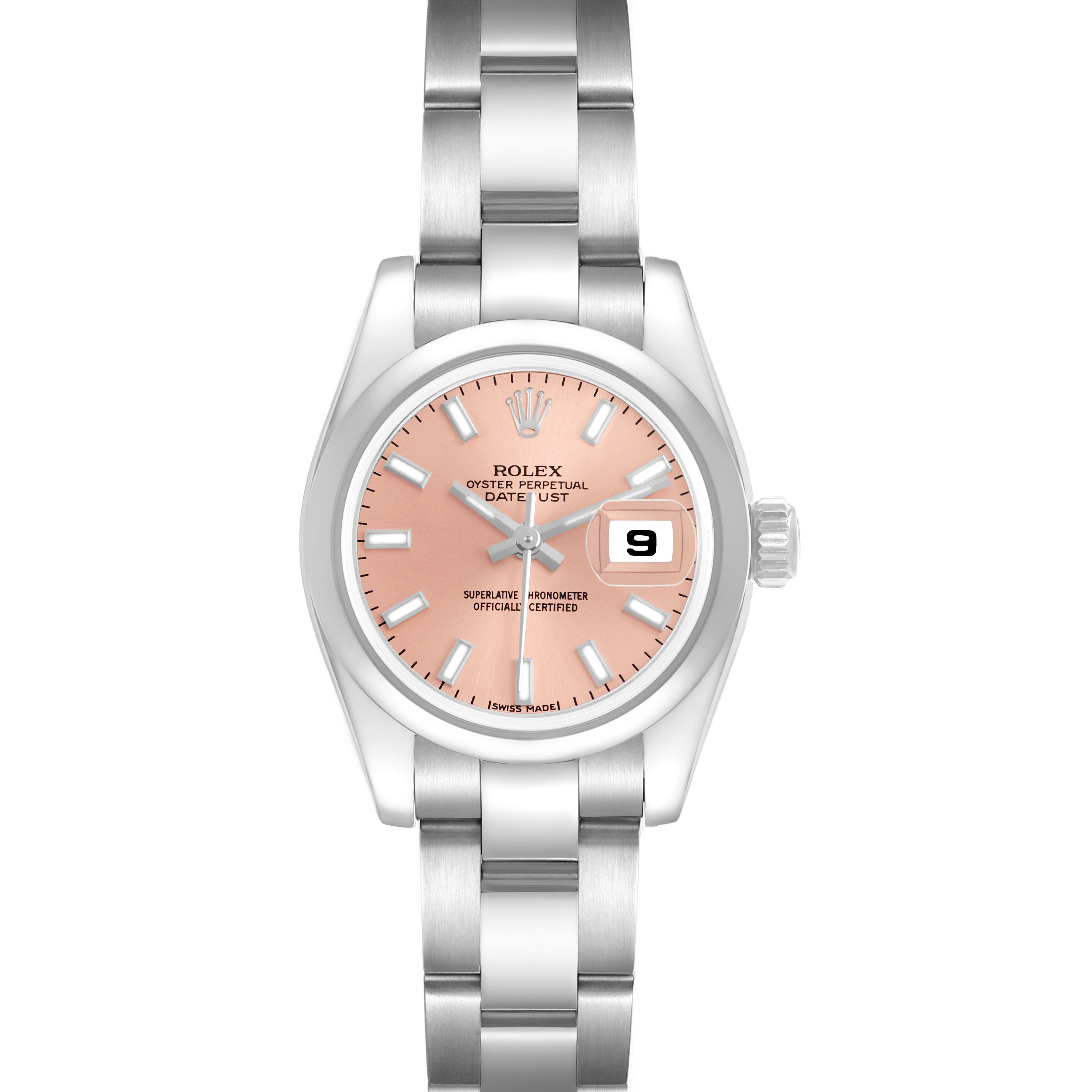 The Rolex Datejust 179160 Women's Stainless Steel Pink Dial watch is shown from a top-down angle, highlighting its face, bezel, bracelet, and crown.